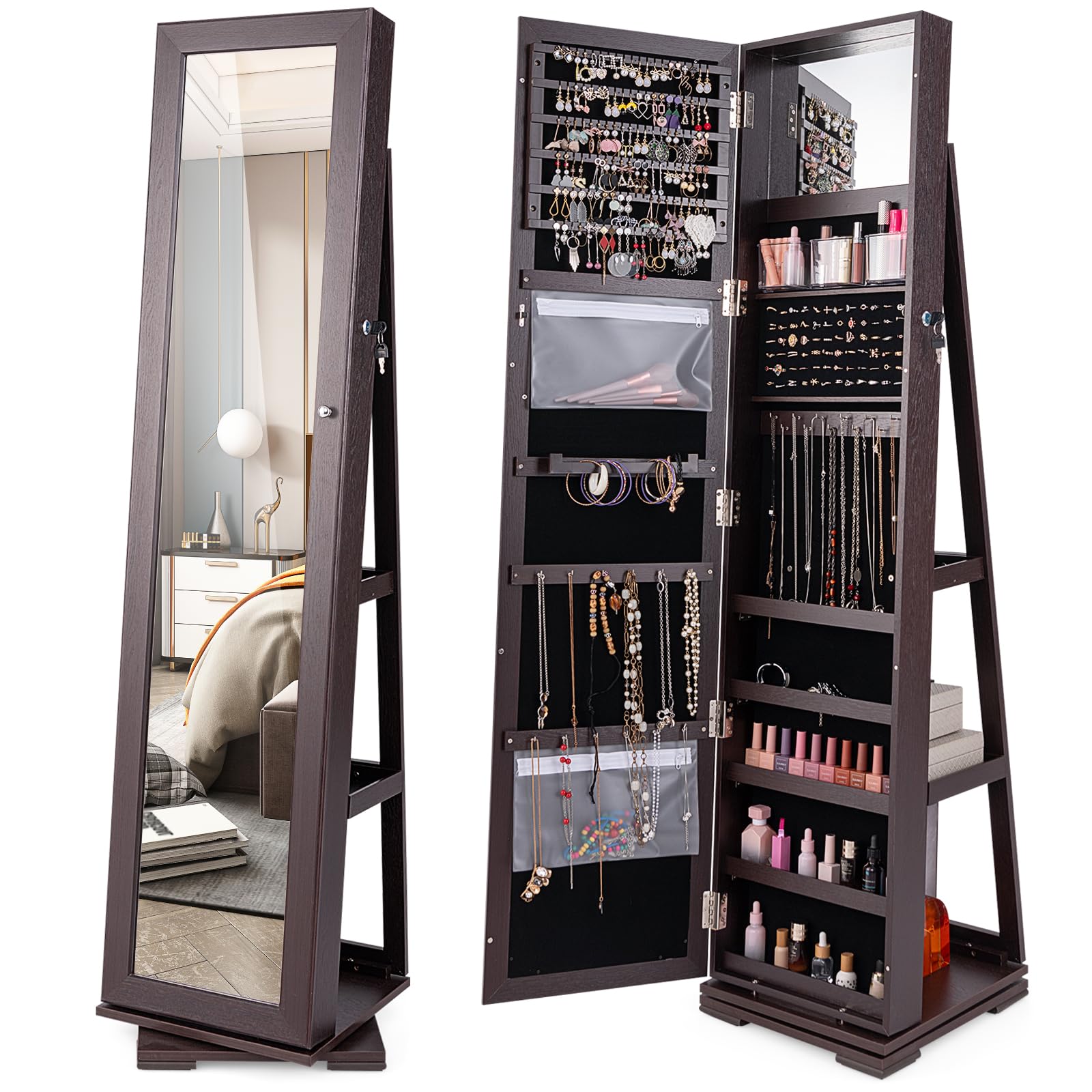 CASART Jewellery Cabinet, 3 in 1 Standing Jewelry Armoire with Full-Length Mirror and Storage Shelf, Lockable Jewellery Organiser for Earring Ring Necklace Cosmetics (360° Swivel Espresso)