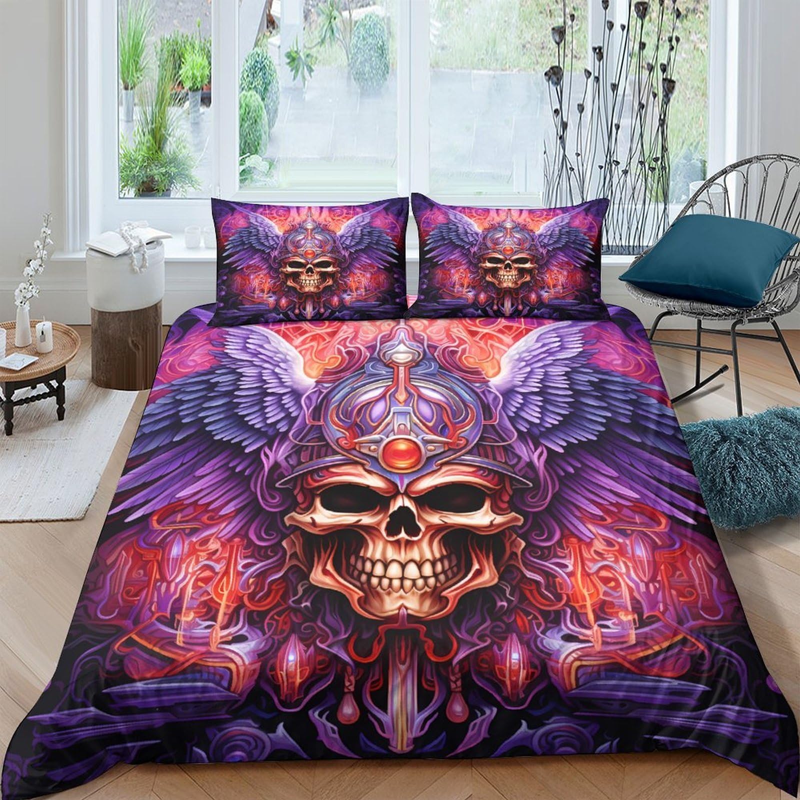 Ctjqhvkz Style-5 3D Printed Purple Skull Fitted Sheet Microfiber Soft Gothic Wing Bed Cover For Bedroom Dorm Mattress Decor Single（135X200cm）
