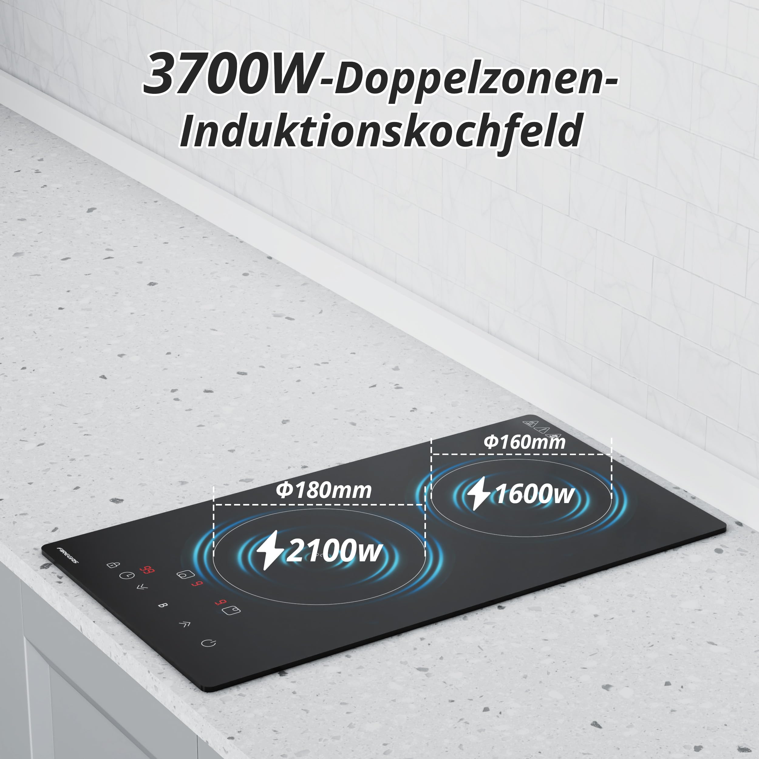 FIREGAS Einbau-Induktionskochfeld,2 Kochzonen,3700 W,9 Leistungsstufen mit Boost-Funktion,Touch-Bedienung,Timer bis 99 Minuten, Kindersicherung - 3