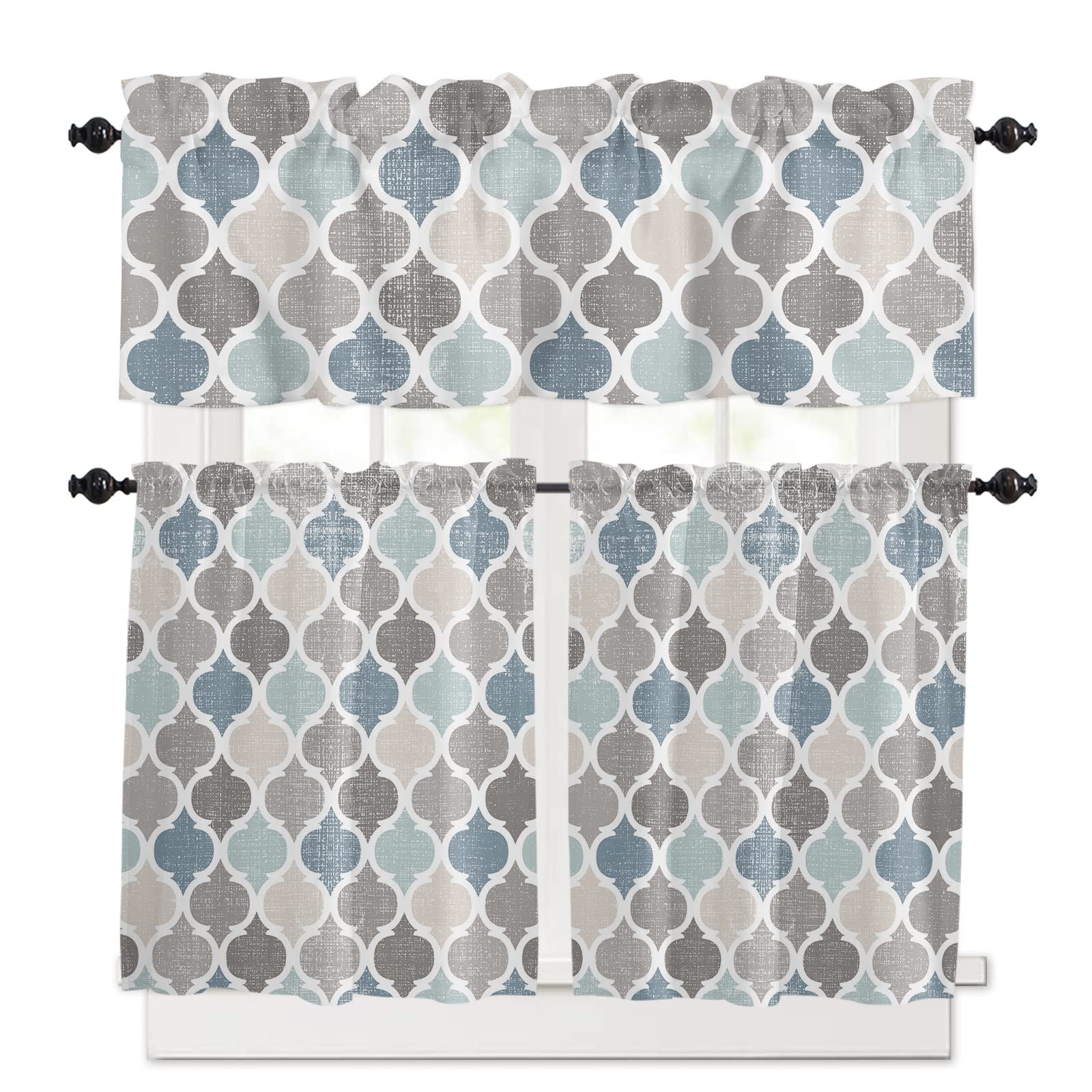 Photo 1 of Kitchen Curtains and Valance Set Retro Blue Moroccan Geometric Pattern Kitchen Curtain Set Light Filtering Tier Curtains 1 Valance(54inchx18inch)+2 Tiers(27.5inchx36inch) 57236-03-11 0 1 Valance(54"x18")+2 Tiers(27.5"x36") Moroccohoe0957