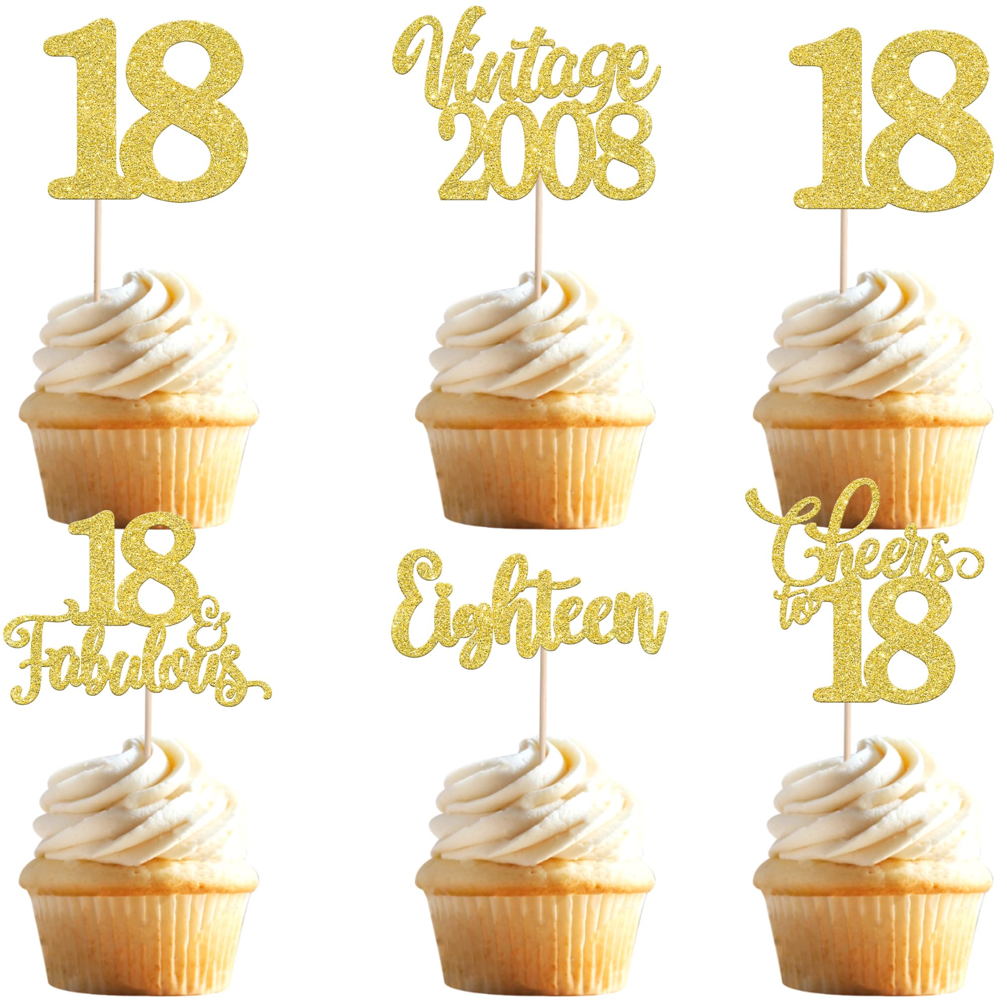 30 Pack Happy 18th Birthday Cupcake Toppers Glitter Hello 18 Eighteen Vintage 2008 Cupcake Picks Cheers to 18 Party Decorations for 18th Birthday Anniversary Party Cake Decorations Gold