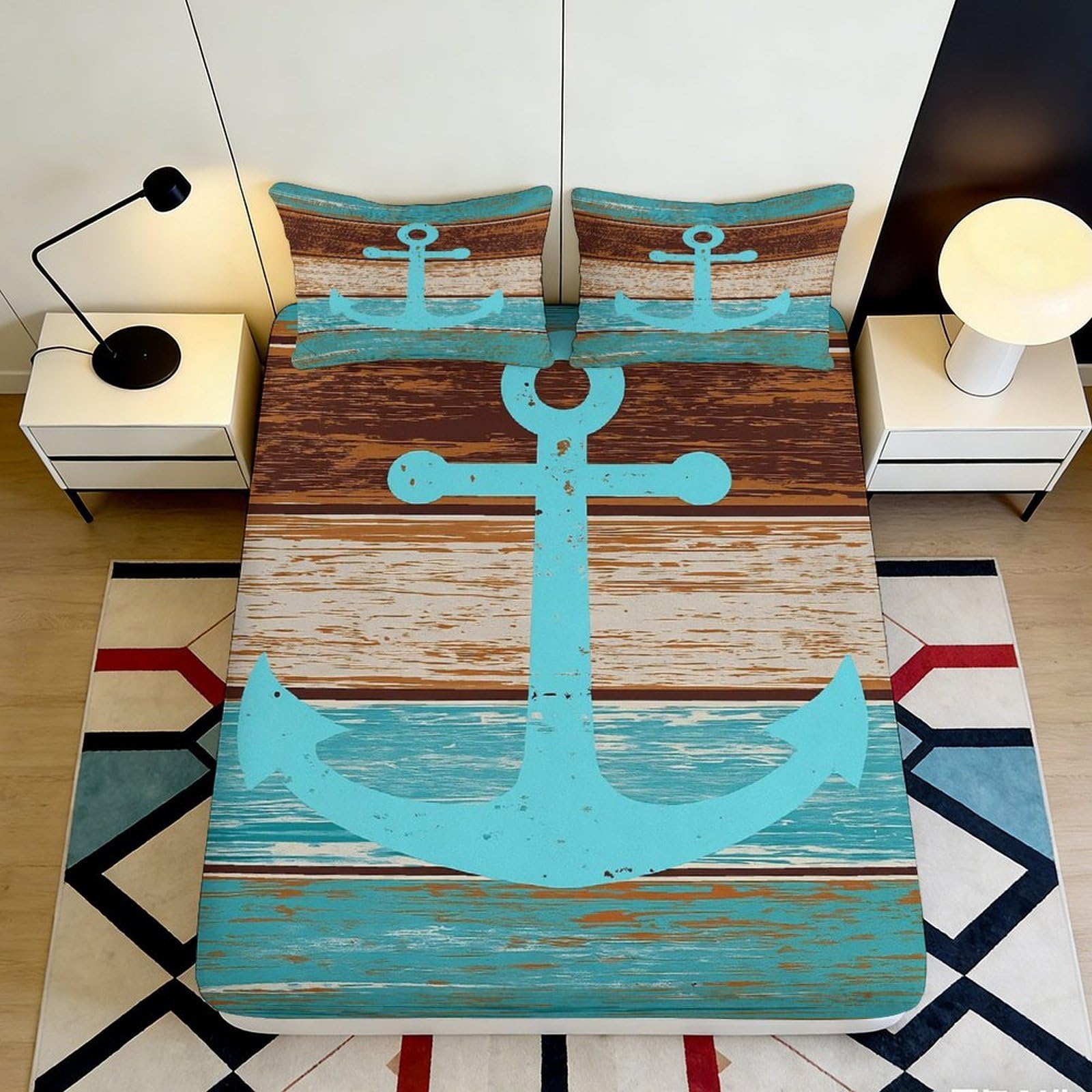 Pnayamiorkfel Style-4 3D Printed Nautical Anchor Fitted Sheet Microfiber Blue Brown Wood Style Bed Cover Non Slip Easy Care For Bedroom Dorm 90X200x25cm