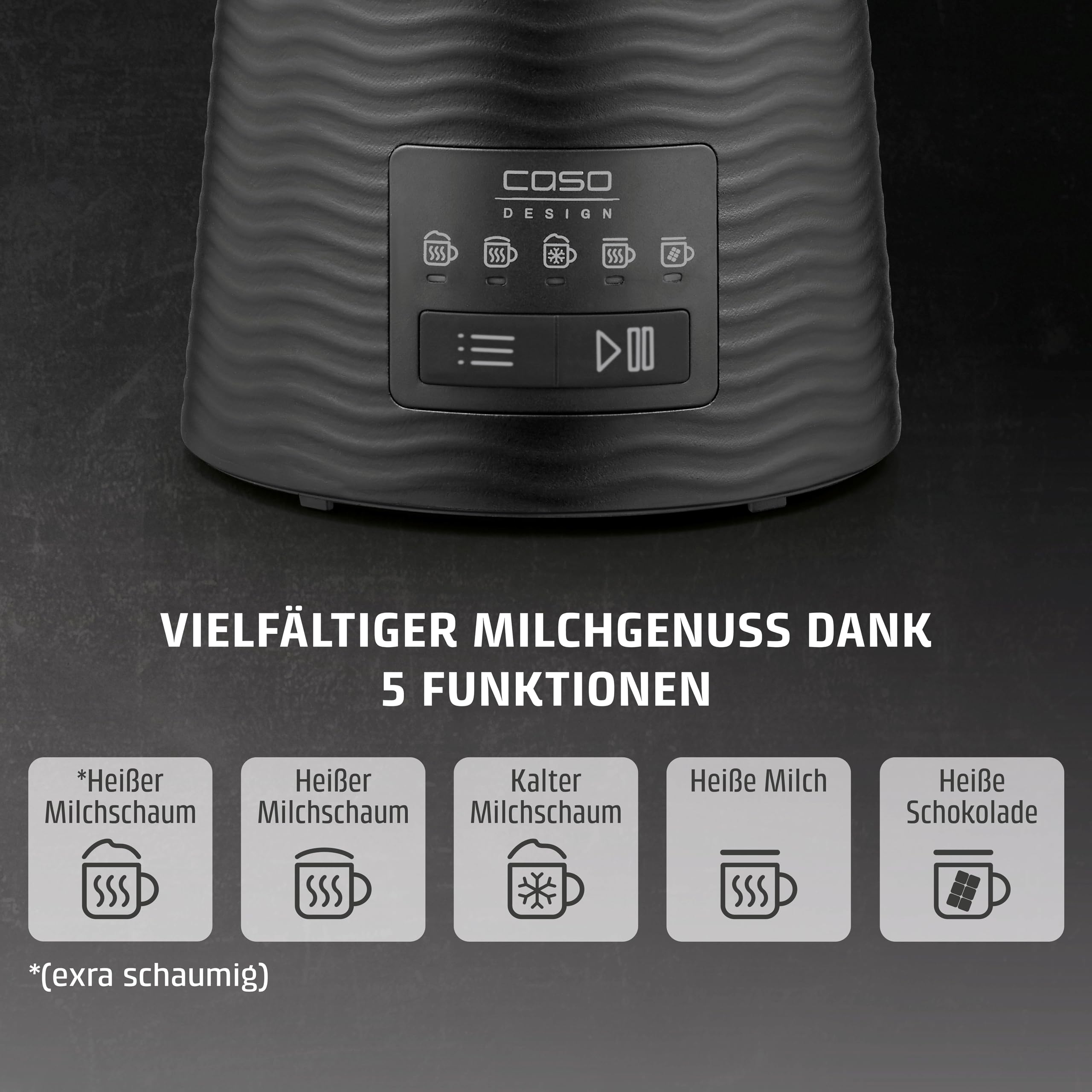 CASO CappuLatte - Design Glas-Milchaufschäumer, cremiger Milchschaum, heiß & kalt, abnehmbarer Behälter, spülmaschinengeeignet, 5 Funktionen, 250 ml/400 ml, LED-Anzeige, One-Touch