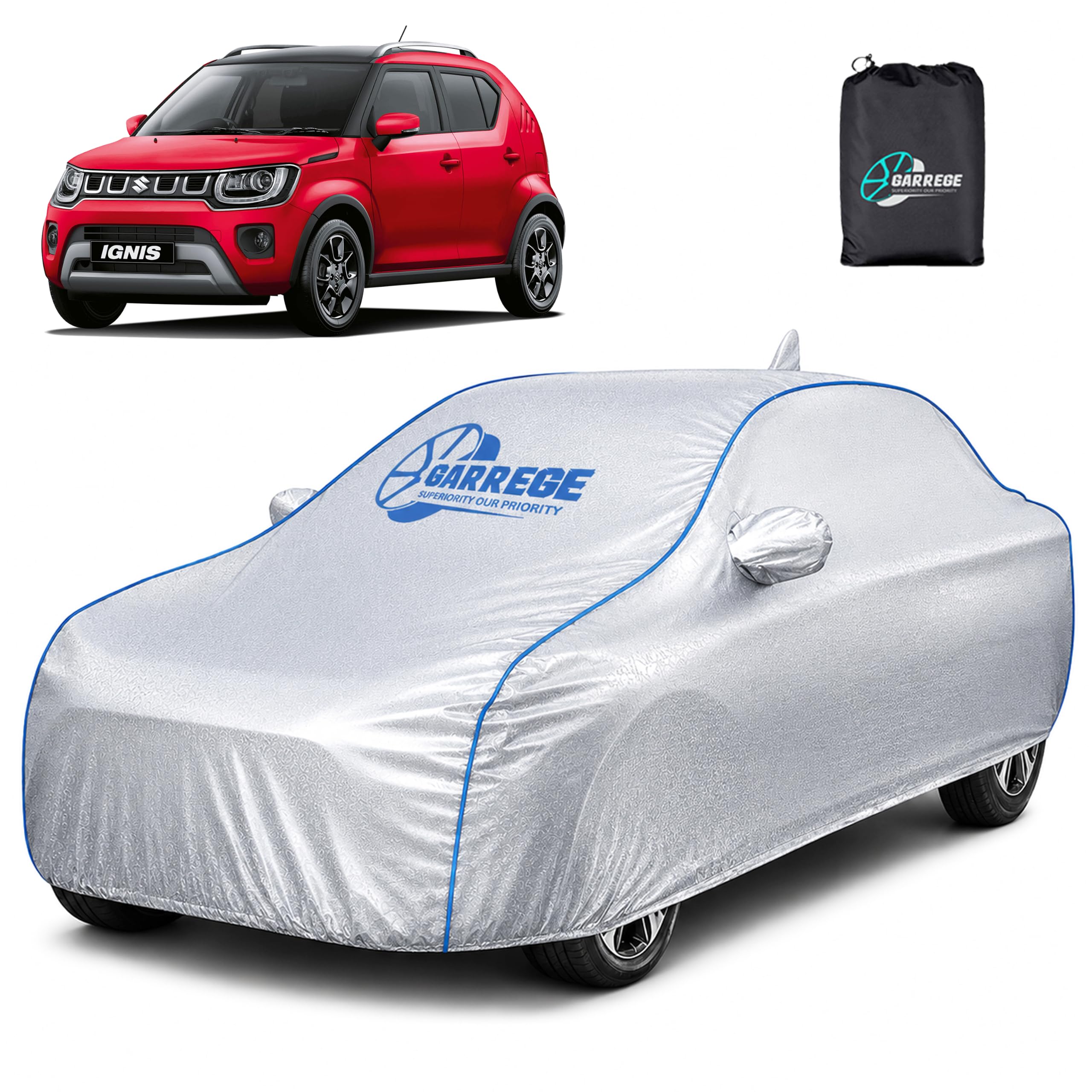 GARREGE Waterproof Maruti Ignis Car Cover Compatible with All Models with Mirror and Antenna Pocket and Soft Cotton Lining (Full Bottom Elastic Triple Stitched & Metallic Silver Blue Piping Style)-image-37