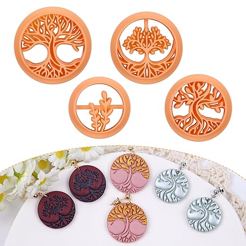 Puocaon 4 Pcs Tree of Life Polymer Clay Jewelry Cutters - Resin Material, Orange, Small, Life Tree Pattern - Tree of Life