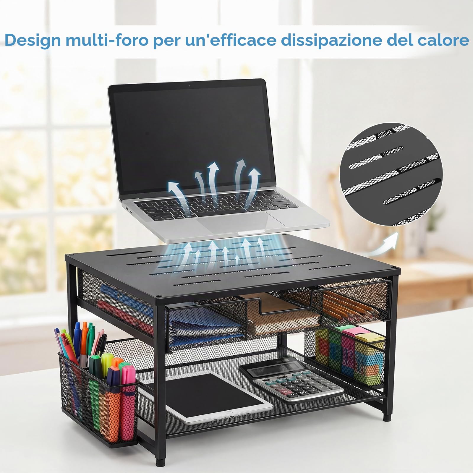 Supporto per monitor, organizer da scrivania in metallo con cassetto e 2 portapenne, rialzo ergonomico per monitor per stampante, laptop e ufficio, espositore a 2 livelli (nero)