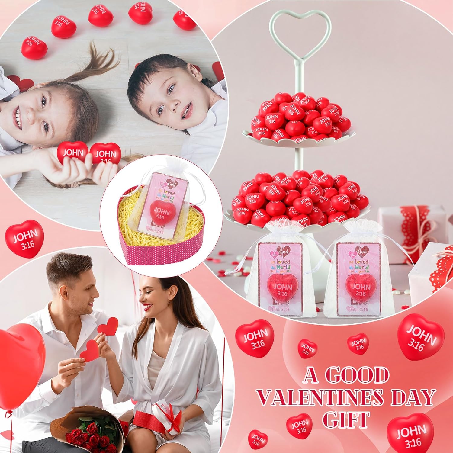 Zubebe 48 Sets VBS Christian Gifts for Kid Christian Heart Stress Ball with Religious Cards John 3: 16 Squeeze Toys for Classroom Exchange Gift Jesus Catholic Church Party Favor