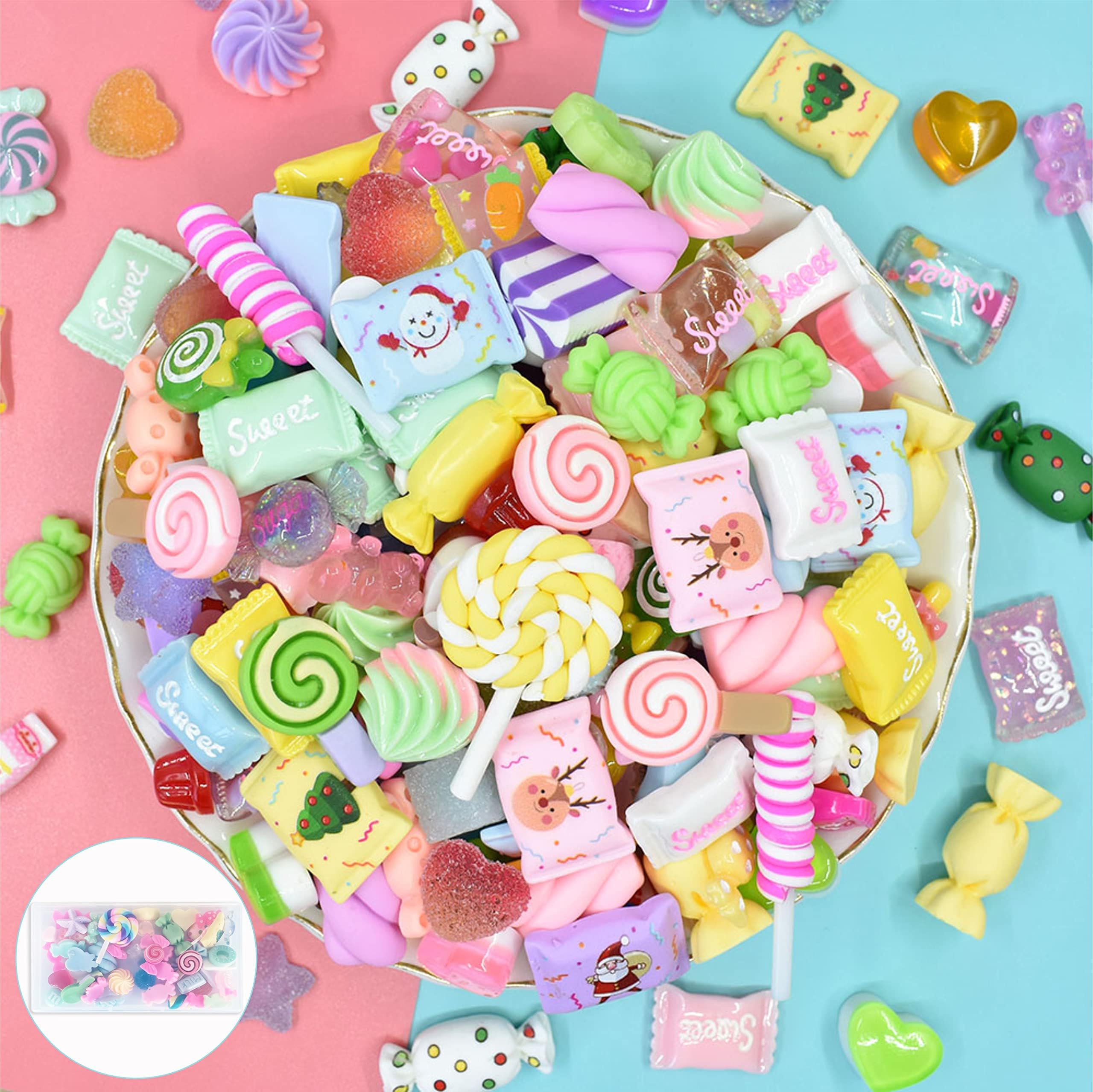 60PCS Slime Charms Mixed Kawaii Cute Set Resin Charms๏ผCandy Resin Charms Flatback Slime Beads Making Supplies for DIY Craft , Scrapbooking, Hair Clip, etc