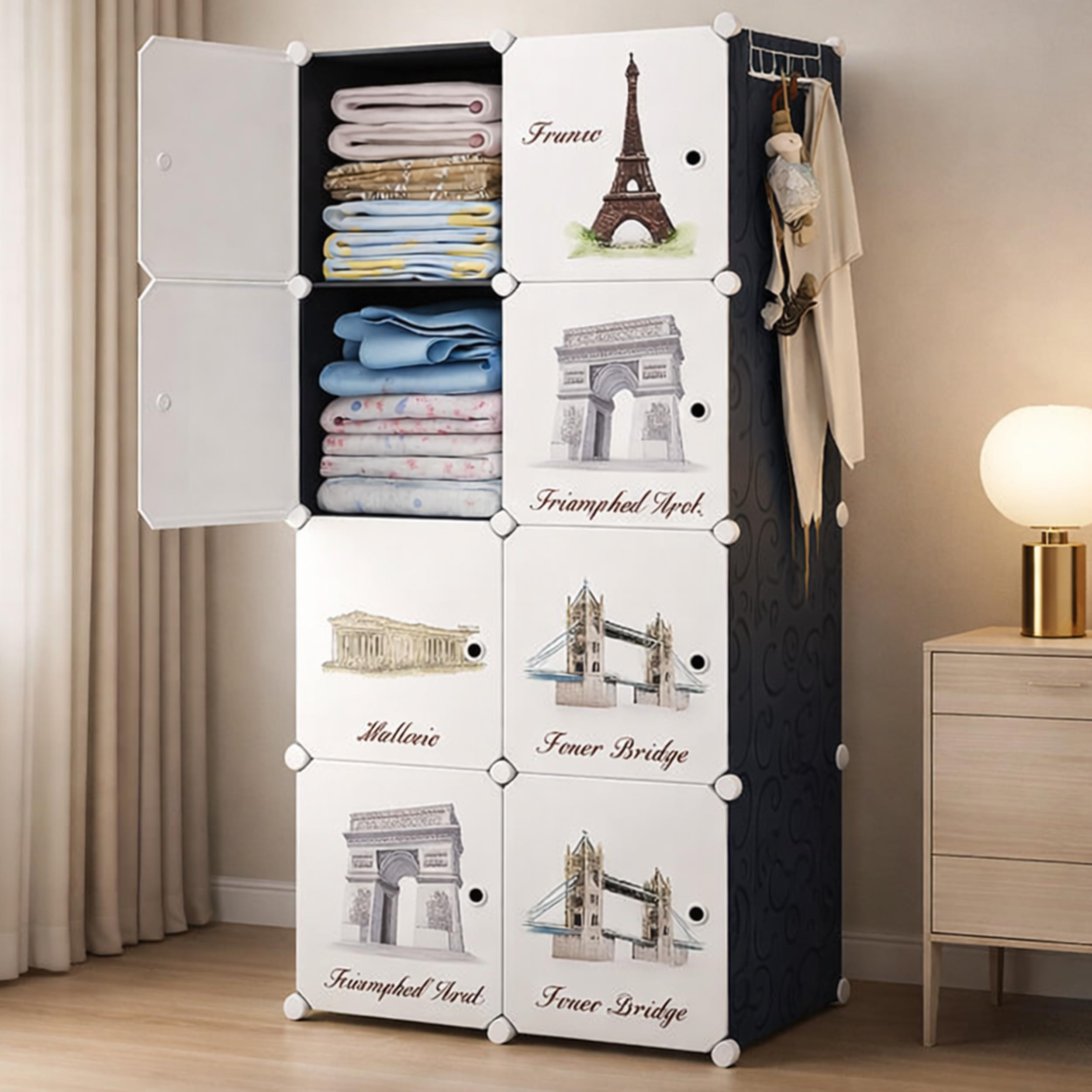 AYSIS 𝟖 𝐋𝐚𝐲𝐞𝐫 Plastic Wardrobe for Kids Clothes | Foldable Almirah Clothes Storage Cabinet with 4 Doors | Space Saving Organizer for Clothes, Kitchen, Bedroom & Living Room - Black-image-42