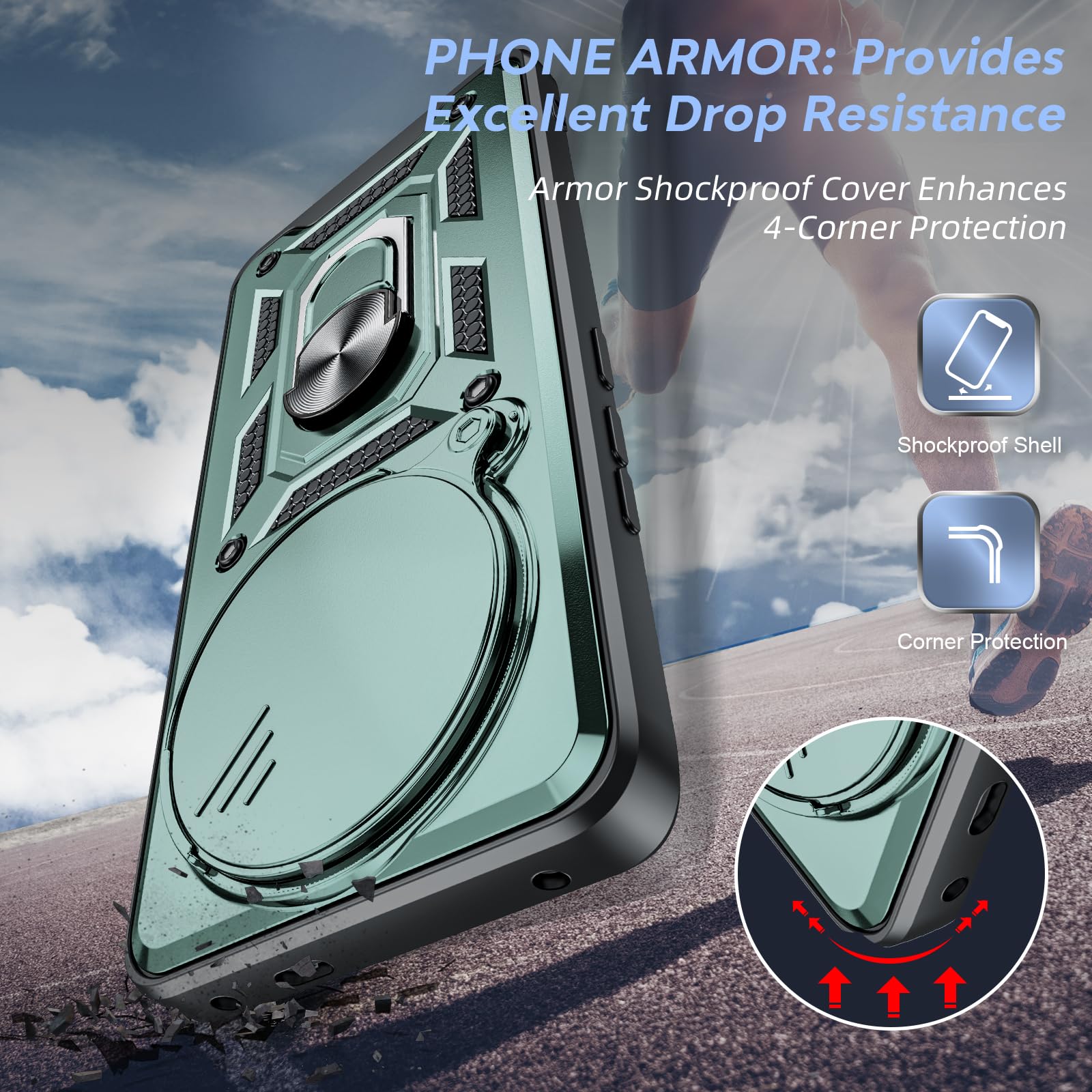 LeYi Coque Pour Xiaomi Redmi Note 14 Pro 5G(Pas 4G) Antichoc Avec Full Protection Caméra Coulissante,Anneau Support, Étui De PC Dur Et TPU Silicone Militaire Anti-Rayures Coque,Vert