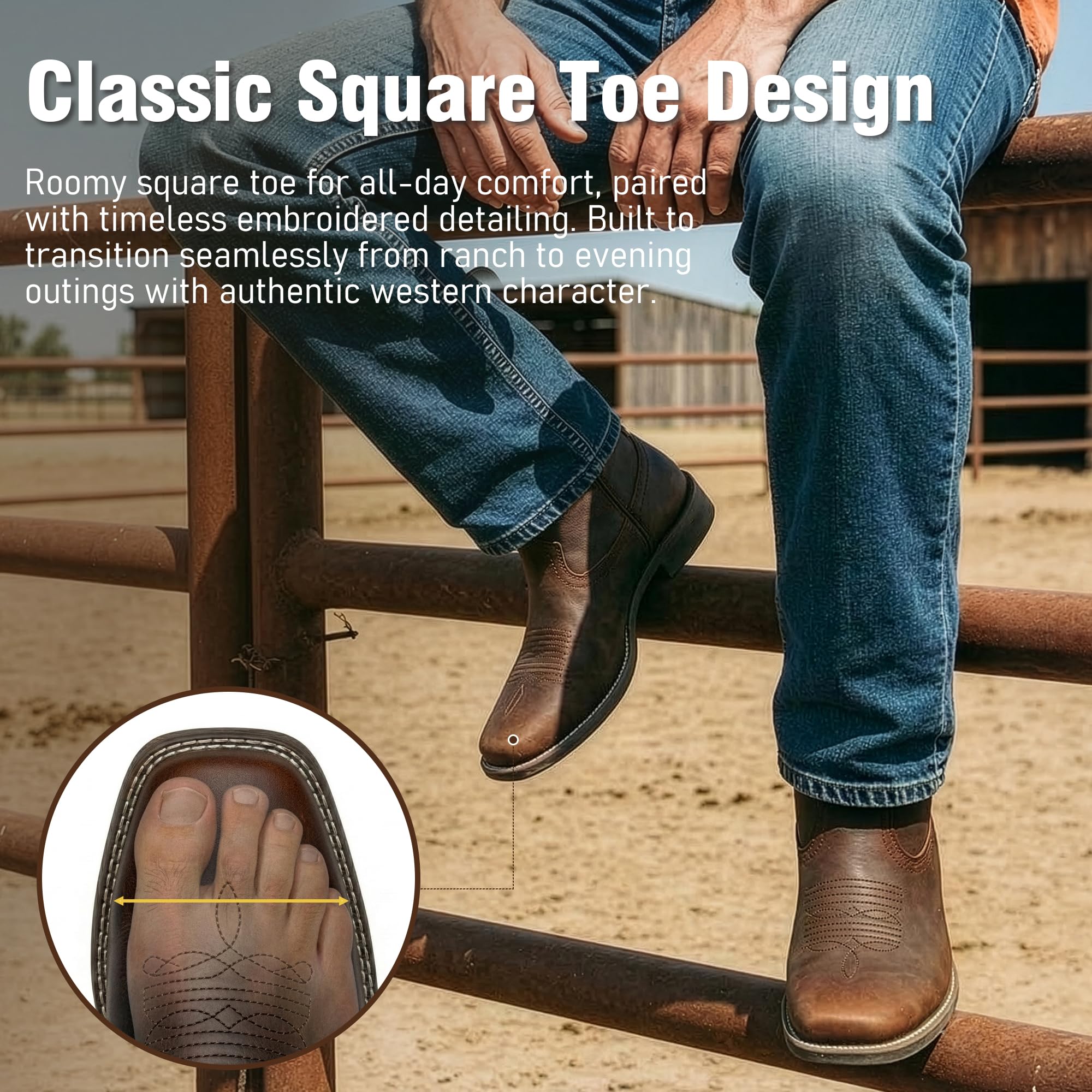 J's.o.l.e Cowboystiefel aus Leder für Herren, quadratischer Zehenbereich, Western-Stil, zum Reinschlüpfen, bestickt, Landarbeit, Reitkleid, Stiefel, Braun