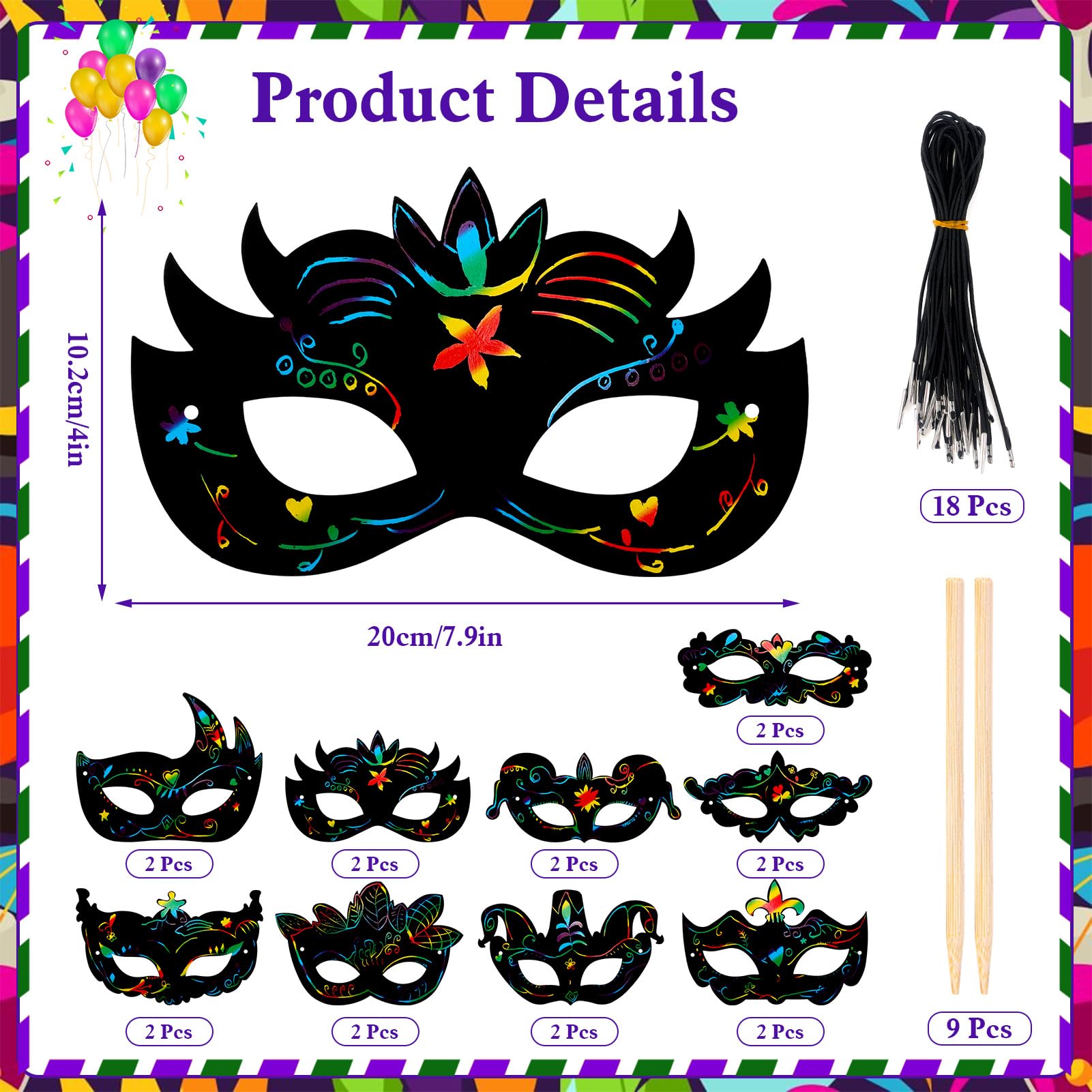 Qpout 18 PCS Mardi Gras Scratch Masks Making kit Rainbow Scratch Paper Mask Craft for Mardi Gras Party Decorations Party Supplies and Carnival Crafts - Image 2