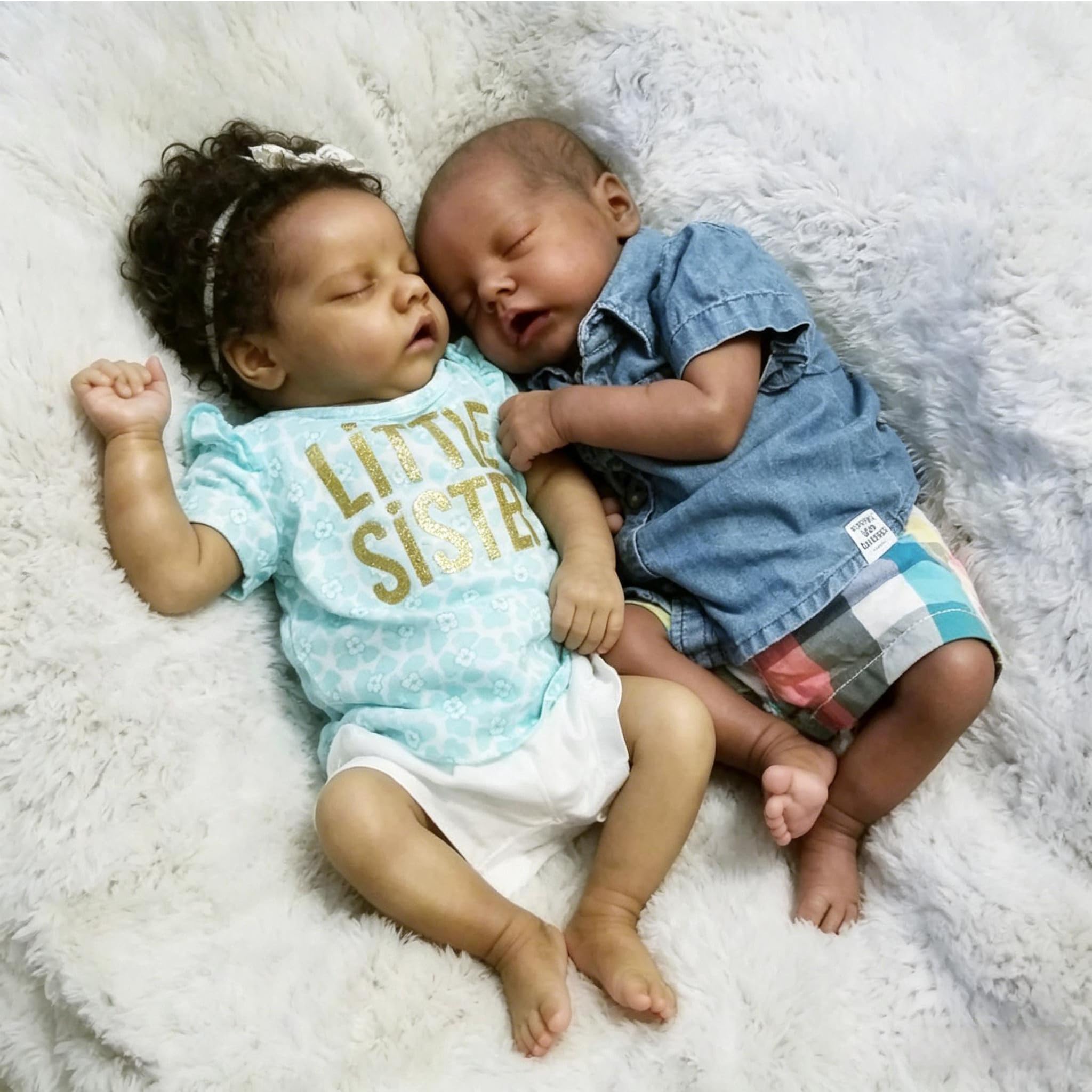 RXDOLL Reborn Baby Dolls silikonowe pełne ciało czarne bliźnięta dziewczynka i chłopiec, 45 cm realistyczna lalka bobas miękka winylowa ciemna skóra, afroamerykańska realistyczna noworodek śpiące