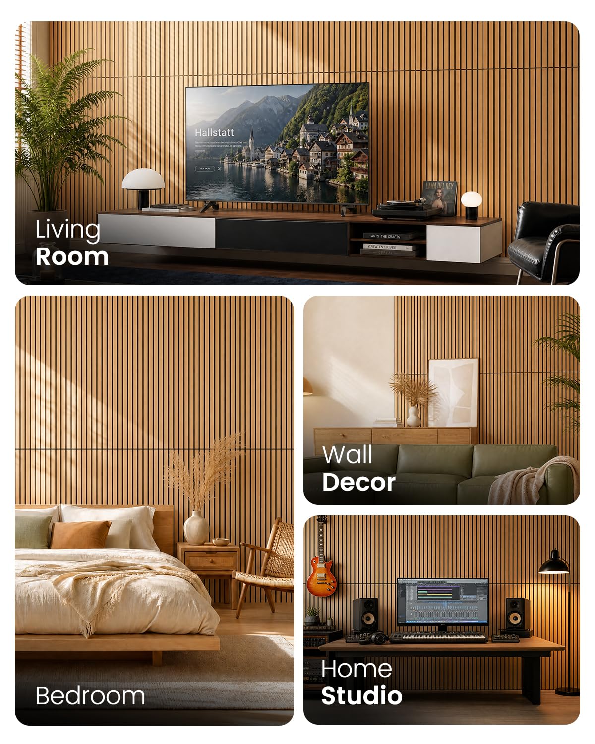Soundsbay Akustikpaneele Selbstklebend 2.88 m²-4 Stück 120×60×0.9cm Oak | Akustikplatten Wandpaneele aus Groß Schallschutzplatten für Akustische Behandlung und Wanddekoration