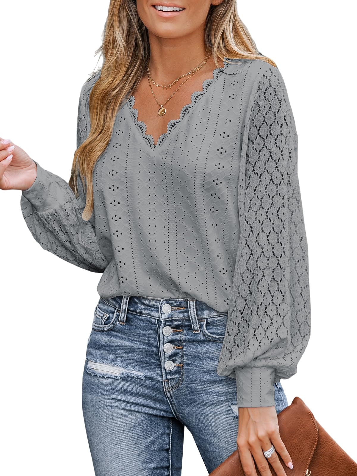 CUPSHE Long Sleeve Tops for Women Eyelet Scalloped Lace V Neck Blouse Casual Loose Fashion Shirts