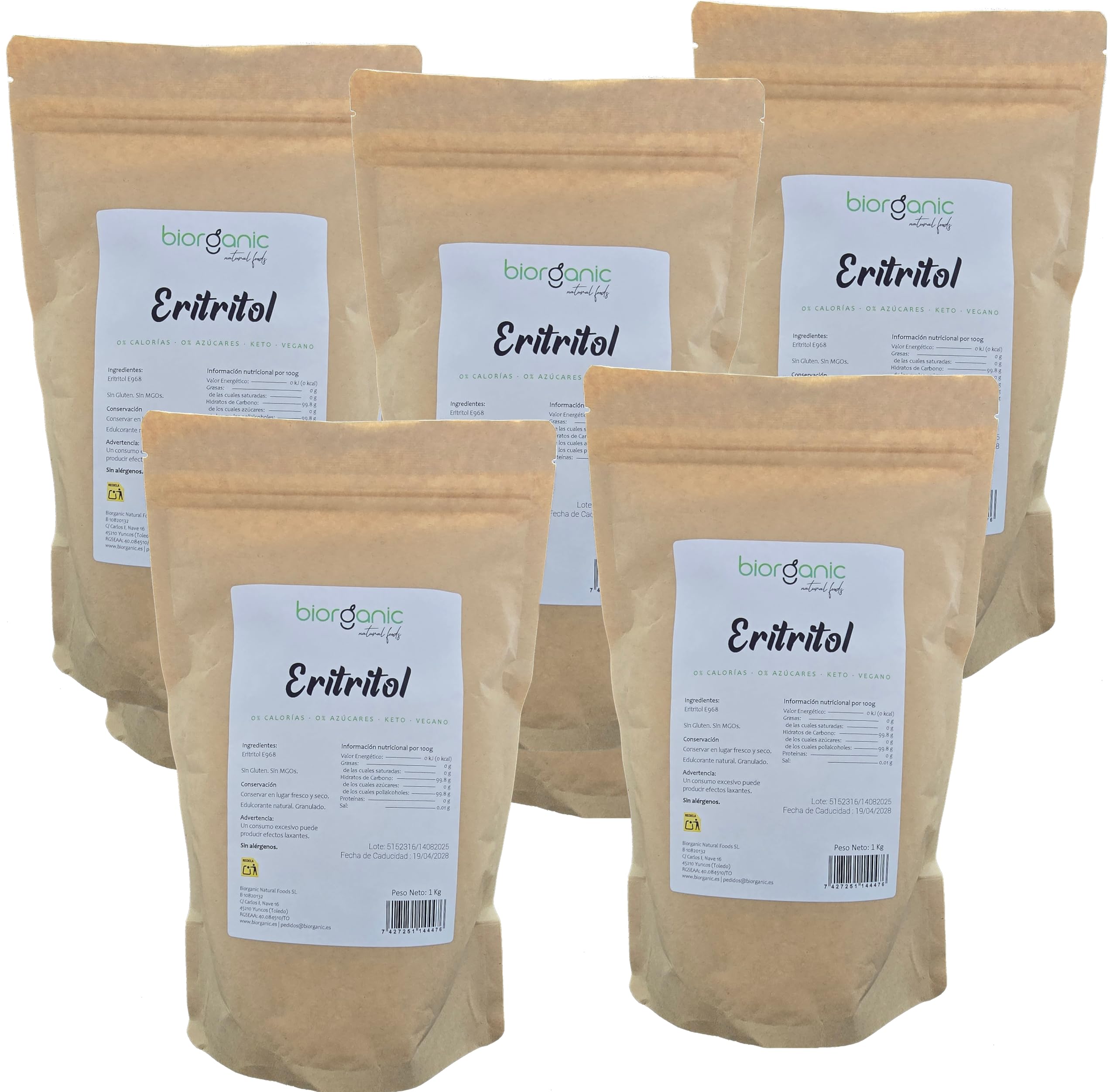 Eritritol 100% natural 5Kg. Pack oferta. KETO. Vegano. Sin MGOs. Edulcorante granulado Cero calorías. Marca española.