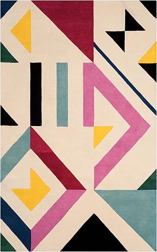 Miniatura 2 de SAFAVIEH Fifth Avenue Collection FTV114A - Alfombra moderna de lana abstracta de mediados de siglo de 5 x 8 pies, color marfilmulticolor