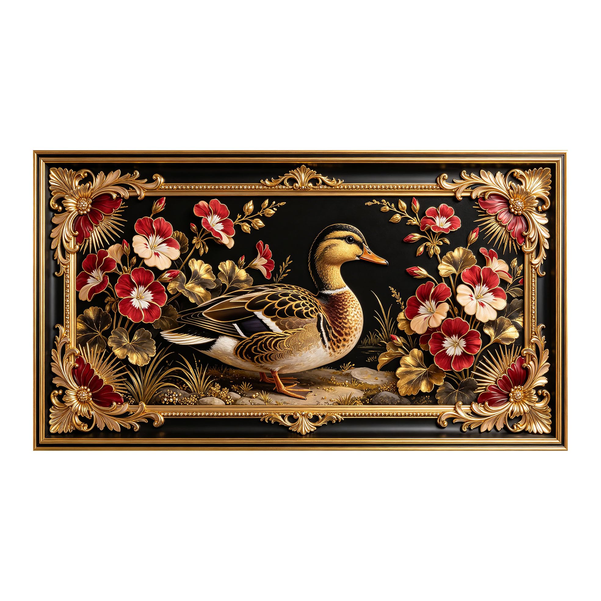 Yzpallescene 3D 3D Framed Wall Art 50cm×90cm Golden Duck Floral Baroque Oil Painting Large Size SelfAdhesive Removable Wall Decor Prints Artwork for Living Room Bedroom Office