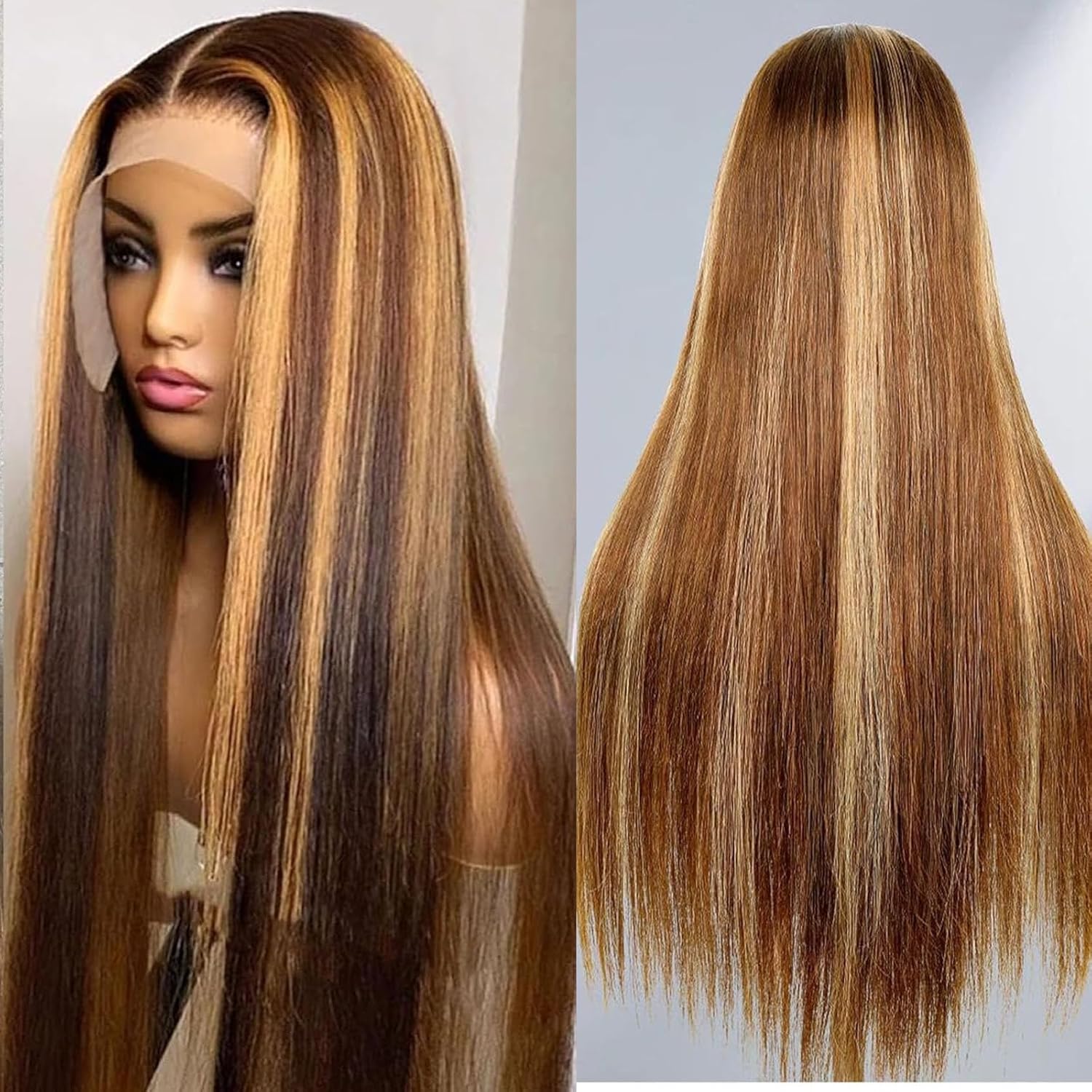 24inch Brown Highlighted Wig Human Hair 13x6 Straight Lace Front Wigs Human Hair Pre Plucked With Baby Hair 180% Density Glueless 4/27 Blonde Highlight Wig