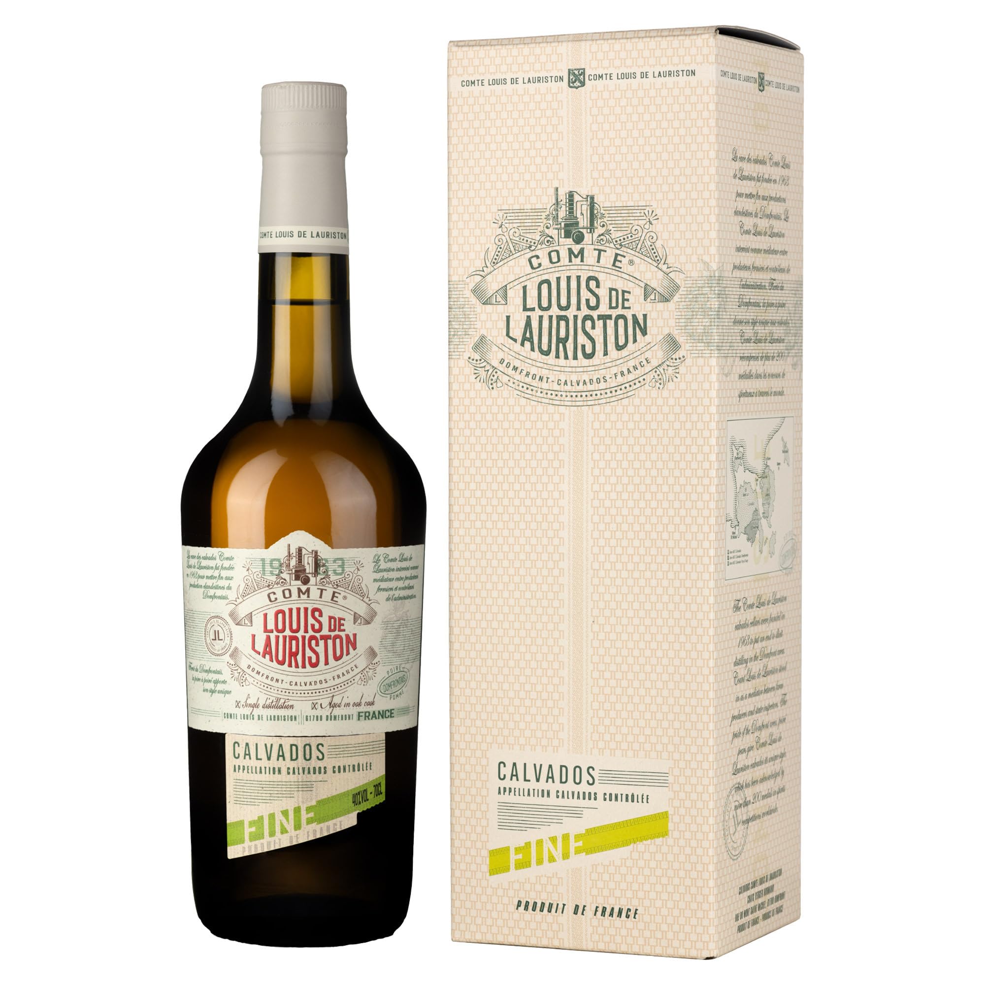 Calvados Domfrontais Comte De Lauriston Fine - Liquore Distillato Francese, Gusto Speziato e Fresco, 40%, Bottiglia in Vetro da 70cl