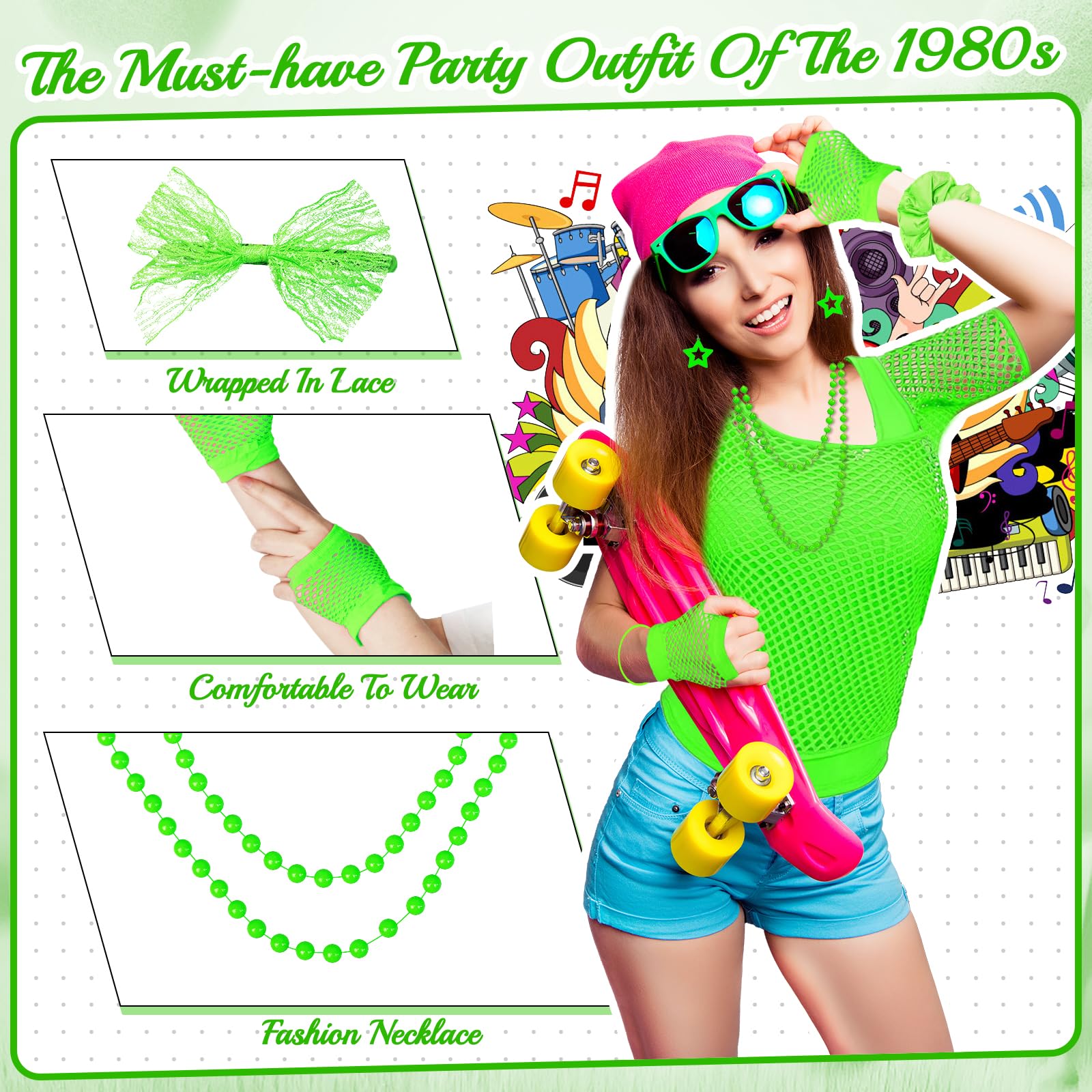 Saier tbo 20Pcs 80s Costume Accessories Set for Women, 1980s Fancy Dress Outfit Kit with Fishnet Top Tank Top Leg Warmers Fishnet Gloves for Girls 80s Theme Party Disco Party Cosplay Dress Up - Image 4