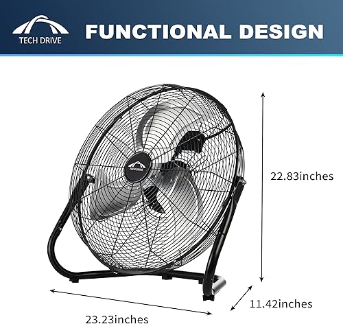Miniatura 2 de Tech Drive Ventilador de piso de alta velocidad, ventiladores industriales de metal resistente de 20 pulgadas, 3 velocidades potentes, inclinación