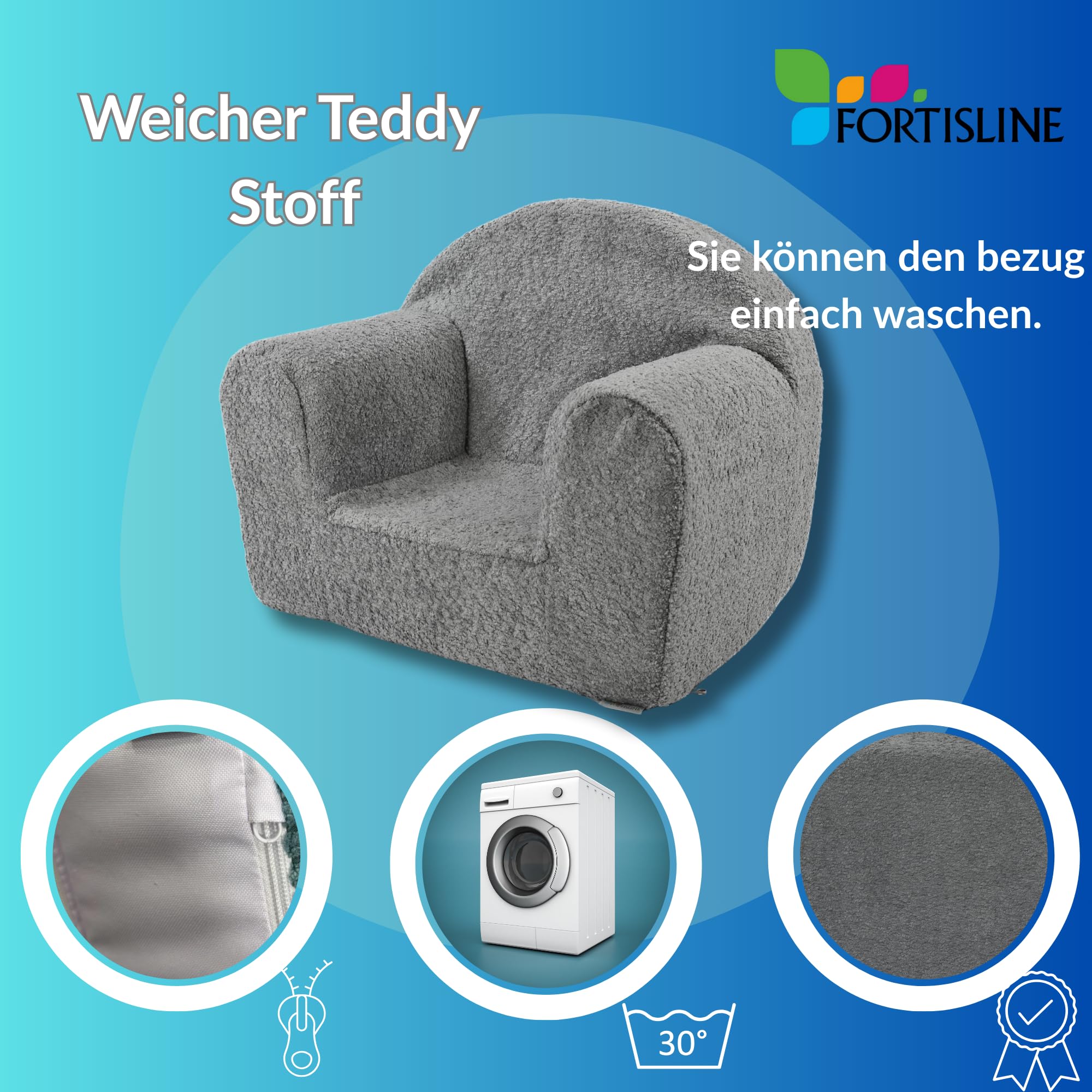 FORTISLINE – Poltrona per bambini a partire da 1 anno David Mini – Sedia per bambini in peluche – 40 x 33 x 39 cm – Mini poltrona per bambini – Poltrona con orecchie certificata Oeko-TEX, colori a