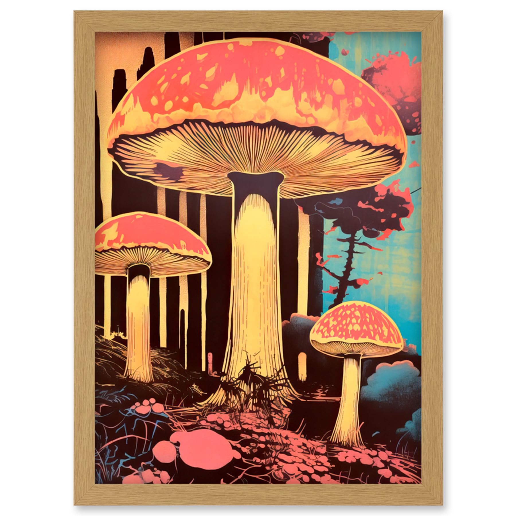 Artery8 Red Mushroom Fungi Pink Blue Bright Psychedelic Nature Kitchen Artwork Framed Wall Art Print A4