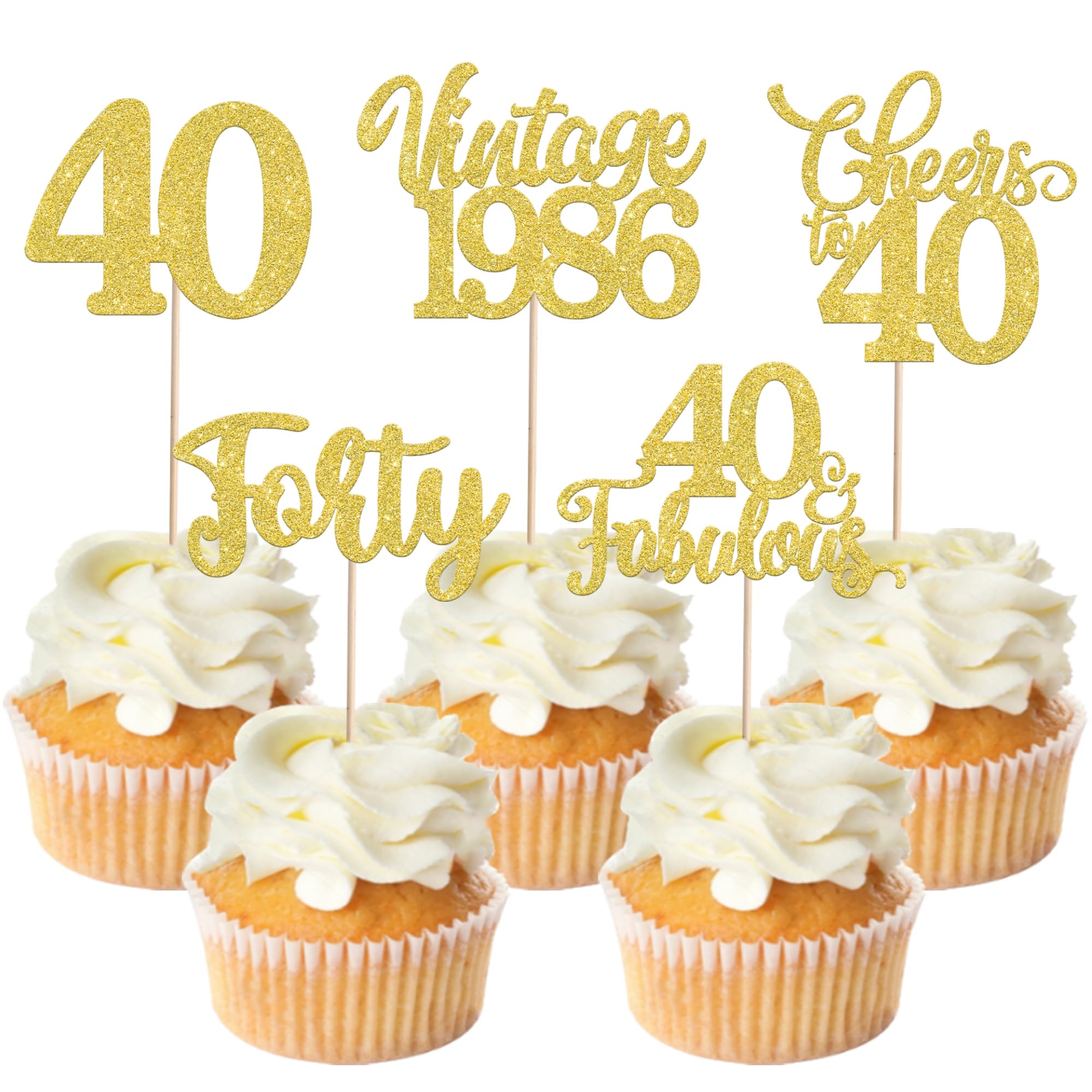SYKYCTCY 30 Pack Happy 40th Birthday Cupcake Toppers Glitter Forty Vintage 1986 Cupcake Picks Cheers to 40 Fabulous Cake Decorations for 40th Birthday Wedding Anniversary Party Supplies