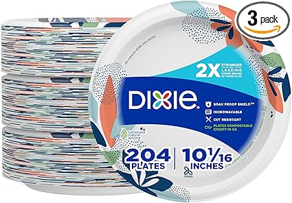 Dixie Large Paper Plates, 10 Inch, 204 Count, 2X Stronger*, Microwave-Safe, Soak-Proof, Cut Resistant, Disposable Plates For Everyday Breakfast, Lunch, & Dinner Meals