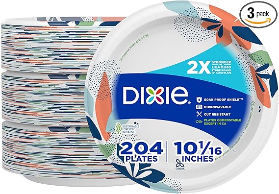 Dixie Large Paper Plates, 10 Inch, 204 Count, 2X Stronger*, Microwave-Safe, Soak-Proof, Cut Resistant, Disposable Plates For Everyday Breakfast, Lunch, & Dinner Meals