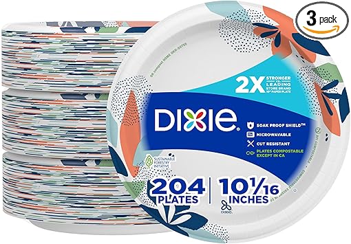 Dixie Large Paper Plates, 10 Inch, 204 Count, 2X Stronger*, Microwave-Safe, Soak-Proof, Cut Resistant, Disposable Plates For Everyday Breakfast, Lunch, & Dinner Meals