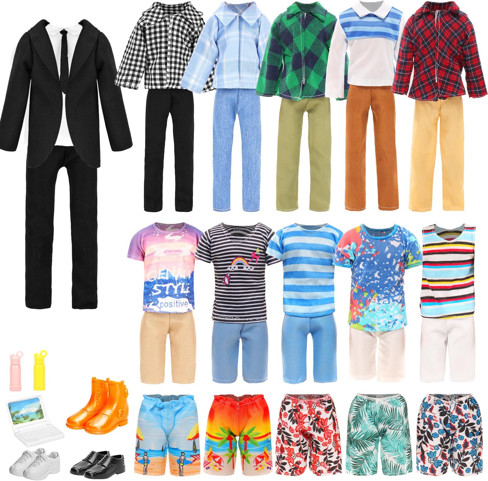 Miunana 14 pcs Boy Doll Clothes Outfits and Accessories Suit Tops Pant Shorts Swimming Trunk Shoes Laptop Casual Clothes Random Style for 12 Inch/30 cm Doll