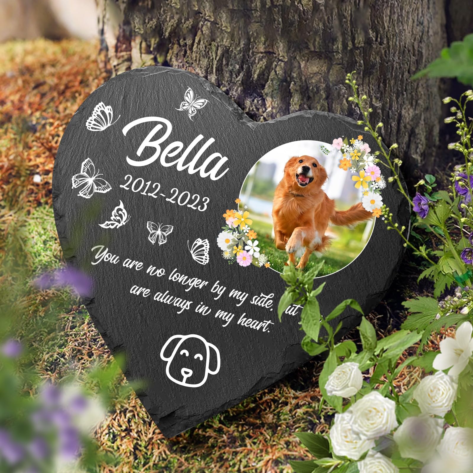 Dihope Personalised Dog Memorial Plaque with Hook Stake, Custom Name Pet Memorial Bereavement Gifts Natural Slate Grave Plaque Gifts for Loss of Dog Cat Pet