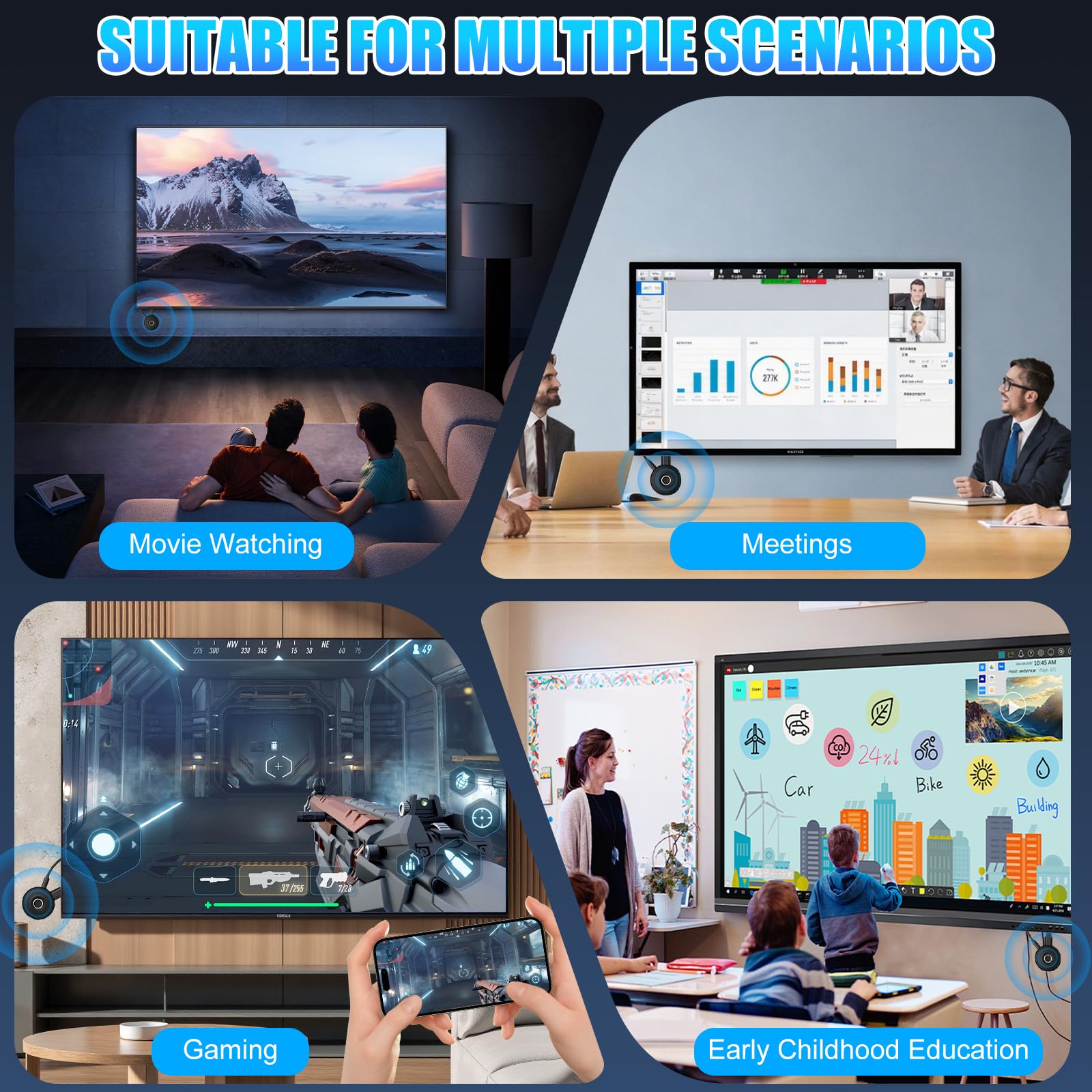 FIREBULL 4K HDMI sans Fil,Clé Miracast Dongle WiFi Double Bande 2.4G/5GHz,compatibles Android/iOS/i-Phone/i-Pad/Supporte Miracast,DLNA, Airplay,Vidéo Streamer Plug & Play