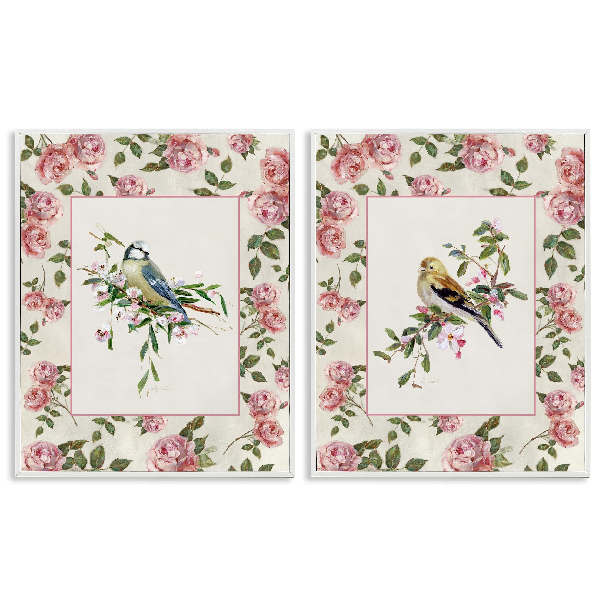 Stupell Industries Dainty Birds And Roses Dainty Roses And Birds Floral, 24 X 30 Inch Framed Giclée Print Set