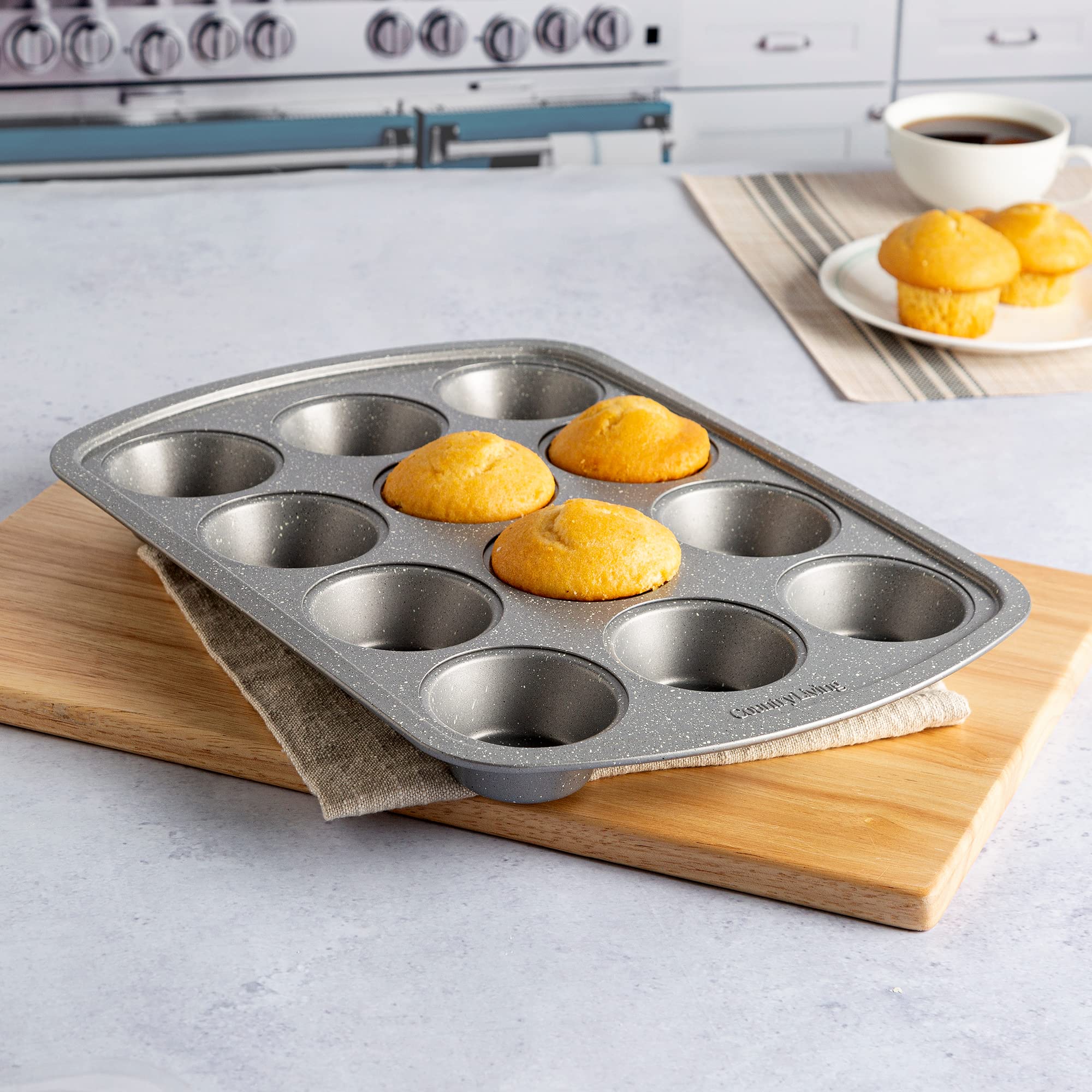 Country Living Antihaft-Muffinform, robuster Karbonstahl mit Schnellverschluss-Beschichtung, hergestellt ohne PFOA, spülmaschinenfest, 2er-Pack, Backformen-Set, 12 Tassen, grau gesprenkelt