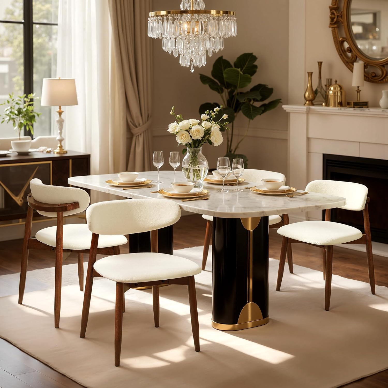 CHUN YI Dining Chairs Set of 4, Upholstered Wooden Dining Room Chairs, Mid Century Modern Fabric Kitchen Chair with Ergonomic Curved Backrest, Beige (Only Chairs)