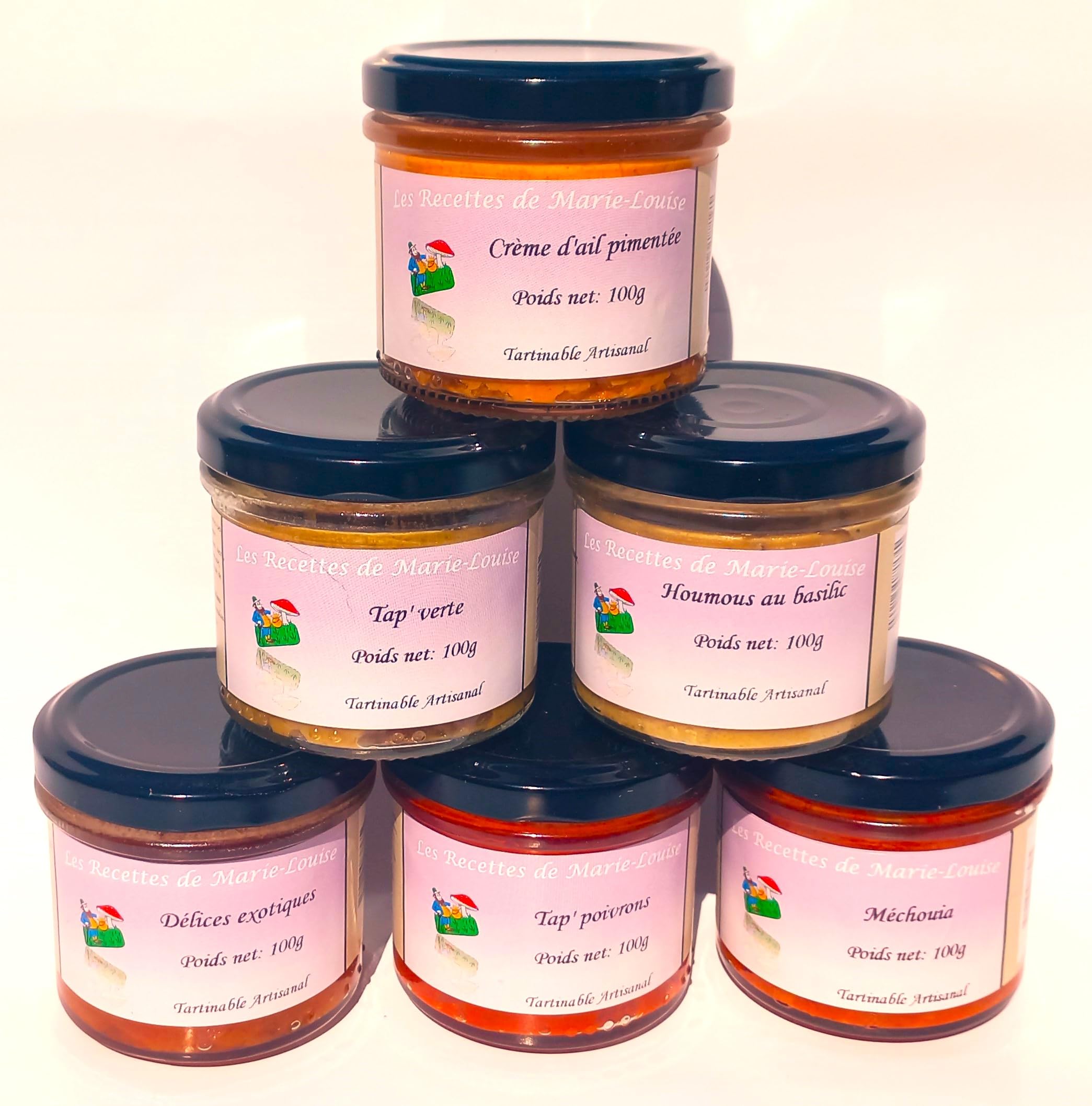 Lot de 6 tartinables artisanaux pour l'apéritif (Les classiques: Tap' Kalamata, Tap' Verte, Tap' Poivrons, Houmous au basilic, Tap' Artichauts, Tap' Tomates)