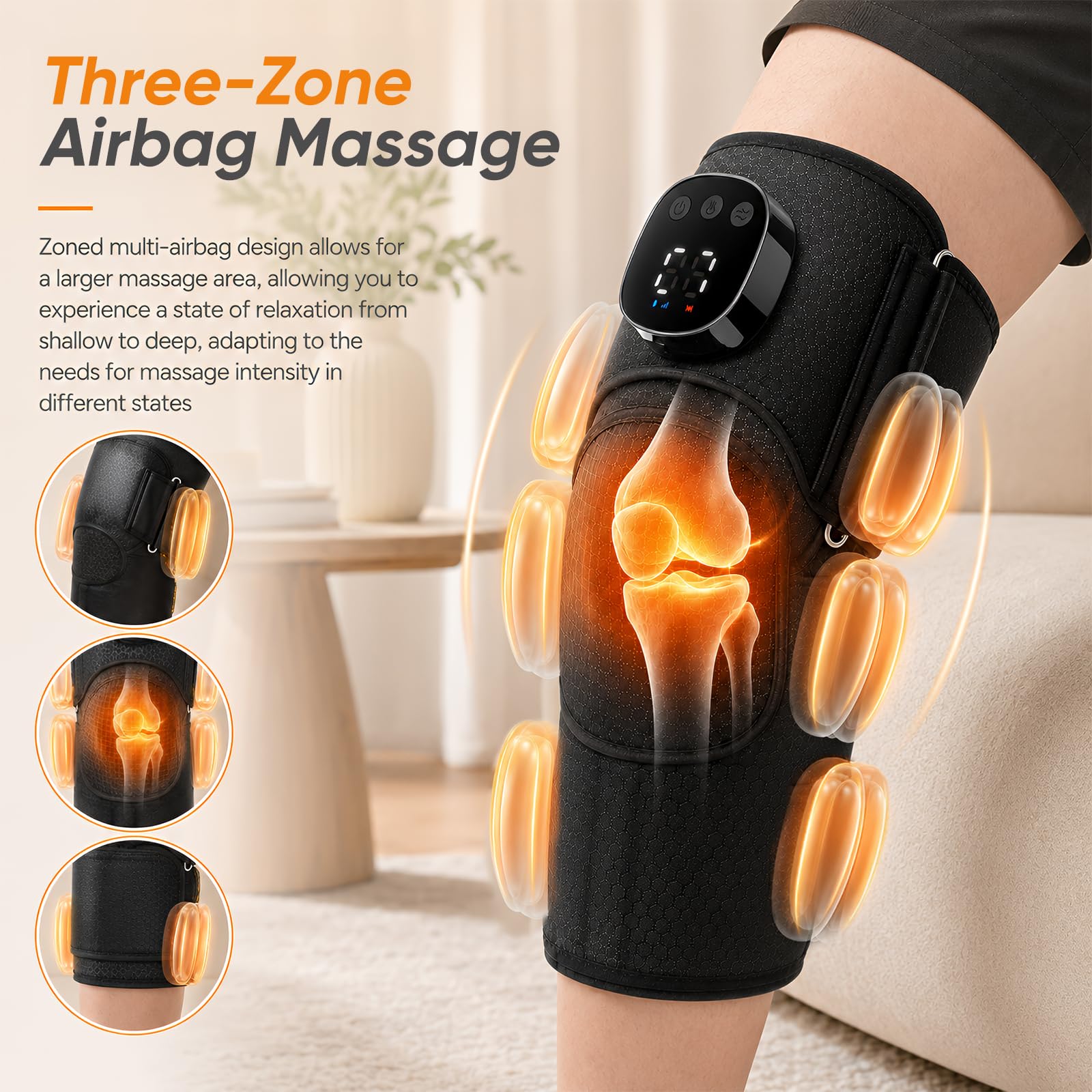 Kniemassagegerät mit Wärme, 3-Zonen Airbag Kniewärmer, Kabellos 2000mAh