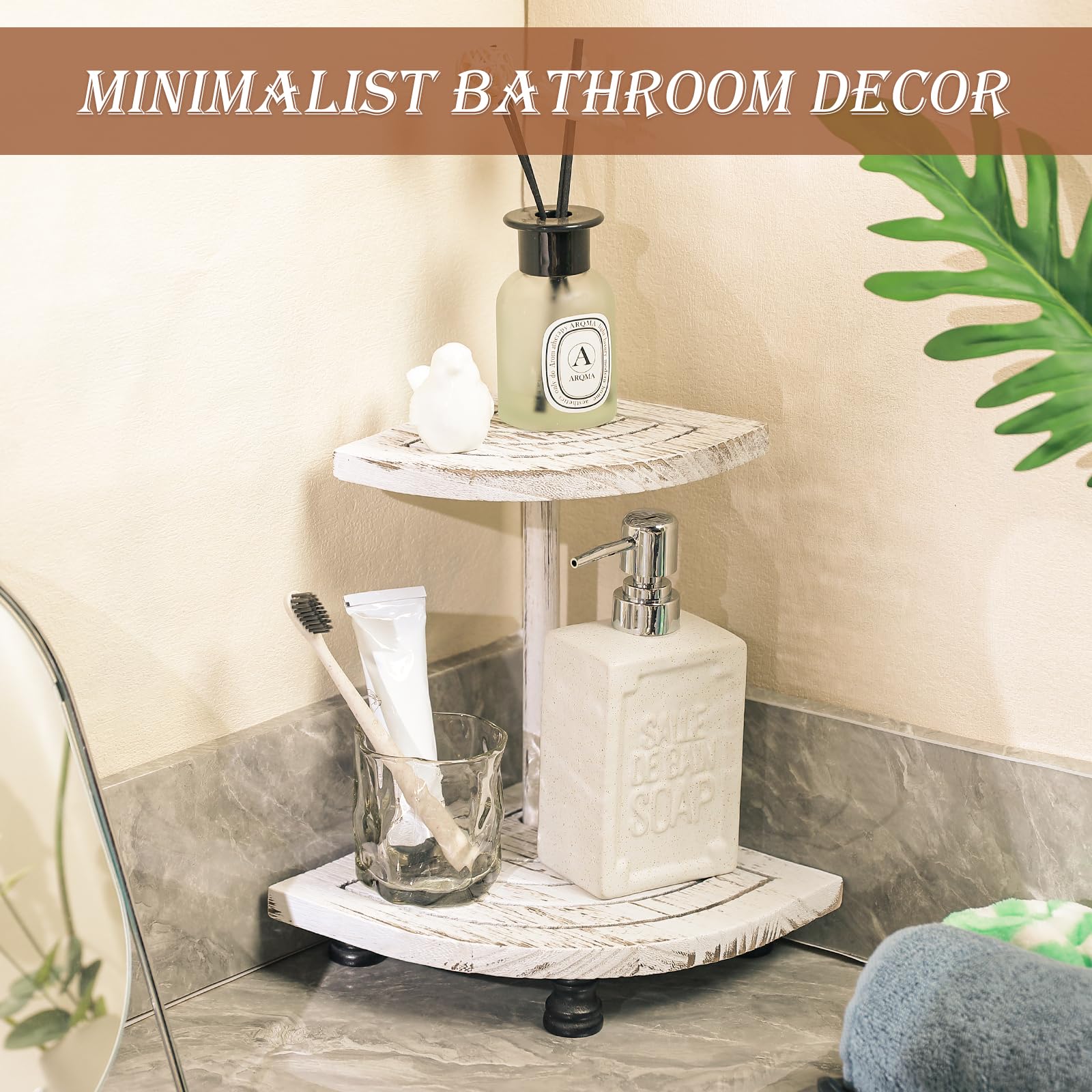 Tikea Elevadores decorativos de madera para exhibición, paquete de 2 estantes esquineros de granja para decoración de encimera de cocina, baño, soporte de pedestal para dispensador de jabón, velas y