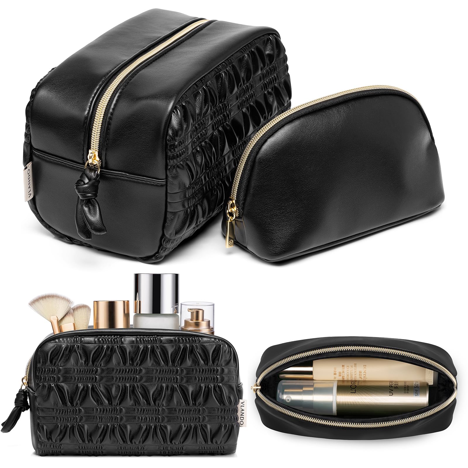 Photo 1 of **BLUE**Vlando Makeup Cosmetic Bag,2 Pack Travel Make up Bag for Women,Faux Leather Makeup Case Storage,Cosmetic Brush Lipstick Mask Storage Bag for Women Girl Gift Box PackagingBlack Black wrinkle