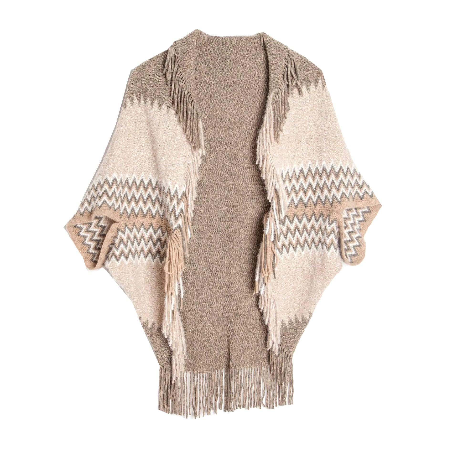 Winter Warm Wool Women Cardigan Shrug Style Wrap Front Open Poncho with Tassel Fringes and Sleeves for Women (IN, Alpha, Free Size, Brown)