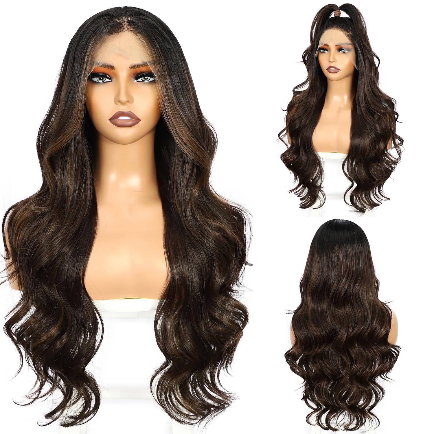SOMIARIK Chocolate Brown Long Wavy Lace Front Wig - Image 2