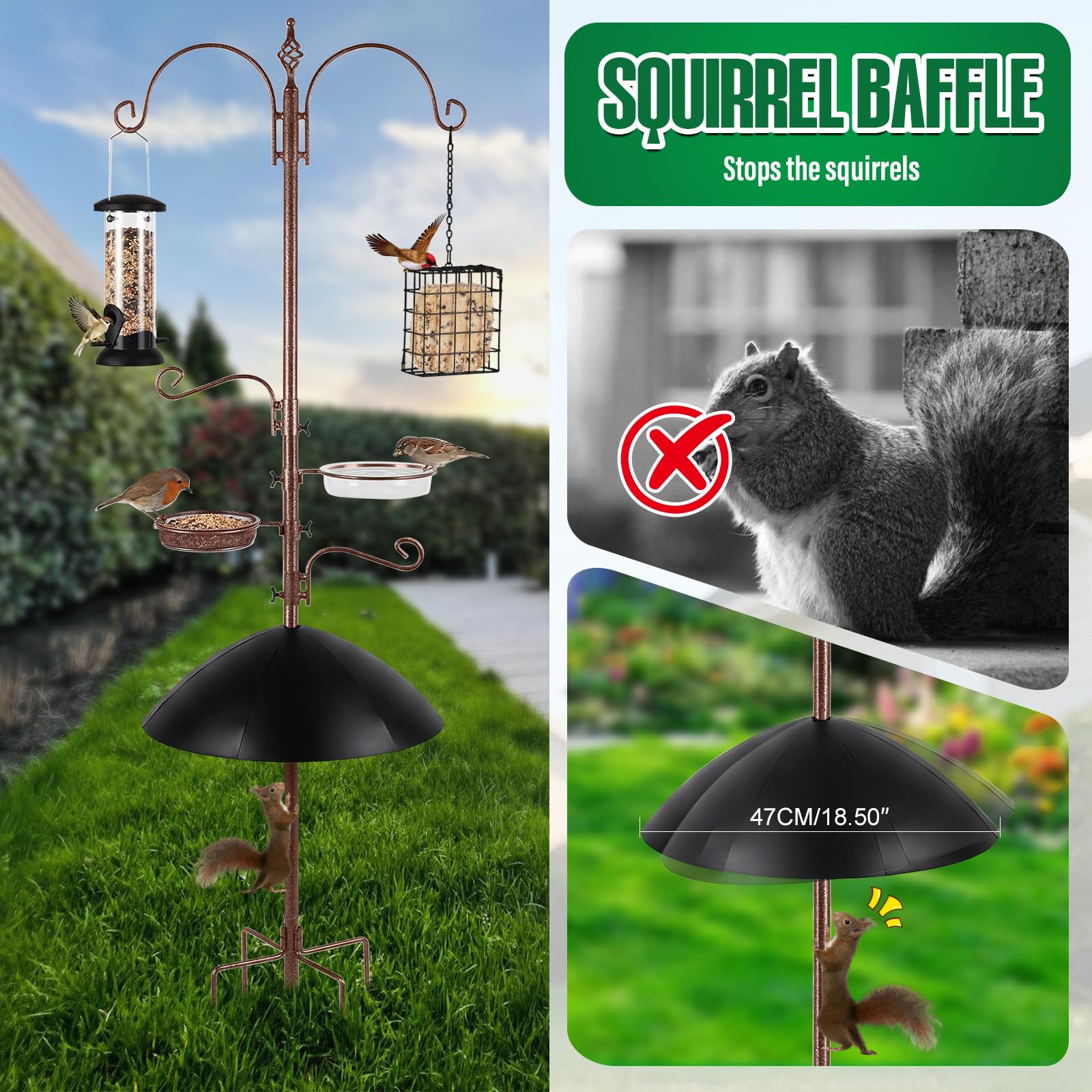 Station d’Alimentation pour Oiseaux avec Pare-Écureuil, Support Mangeoire Oiseaux avec Crochets et Plateau, pour Oiseaux Sauvages, Jardin, Balcon, Terrasse et Cour