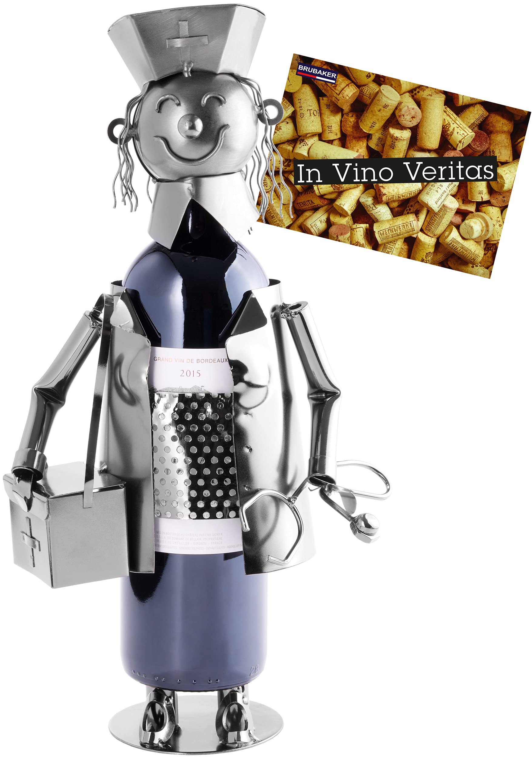 Porte-Bouteille de Vin Infirmière en Métal - Cadeau Original avec Carte de Voeux