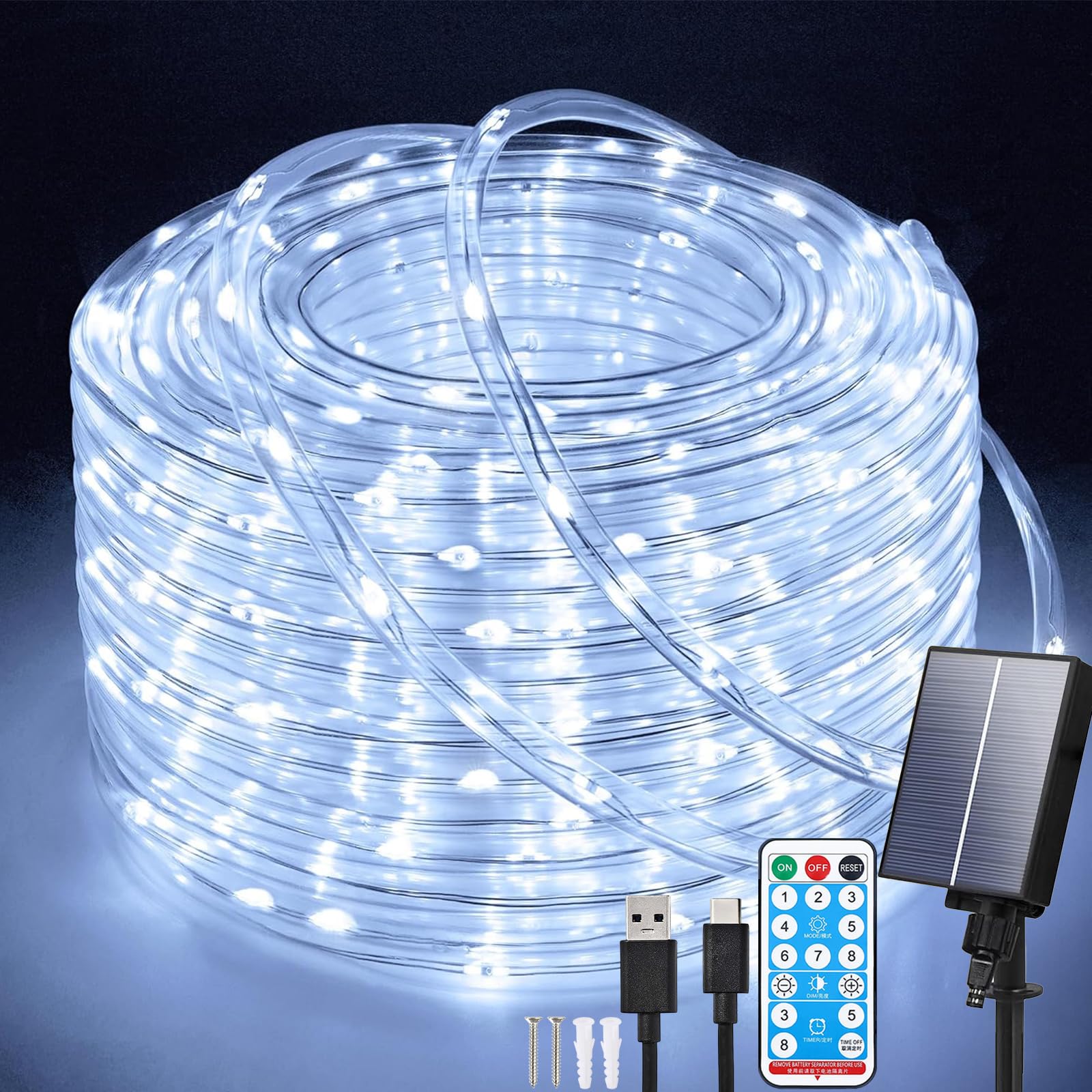 Aofonchy Solar LED Rope Lights Outdoor, 66Ft 200 LEDs Waterproof Tube String Lights with 8 Modes & Remote Control