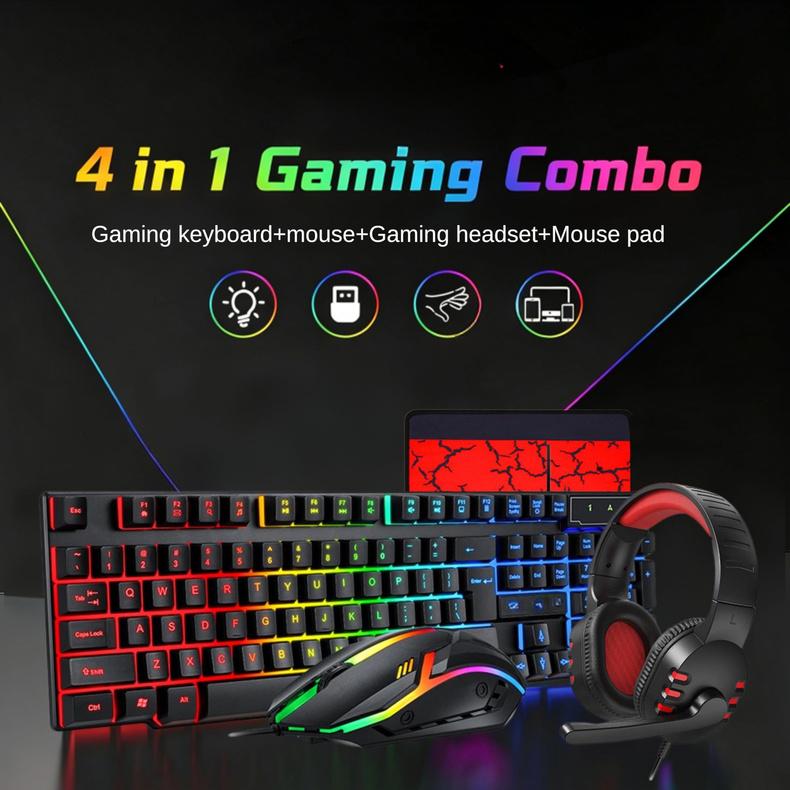 T Wolf TF800 zestaw combo gamingowy, 104 przyciski, klawiatura RGB z podświetleniem, 4-kolorowa, oddychająca mysz świetlna, zestaw słuchawkowy do gier 3,5 mm, antypoślizgowa podkładka pod mysz