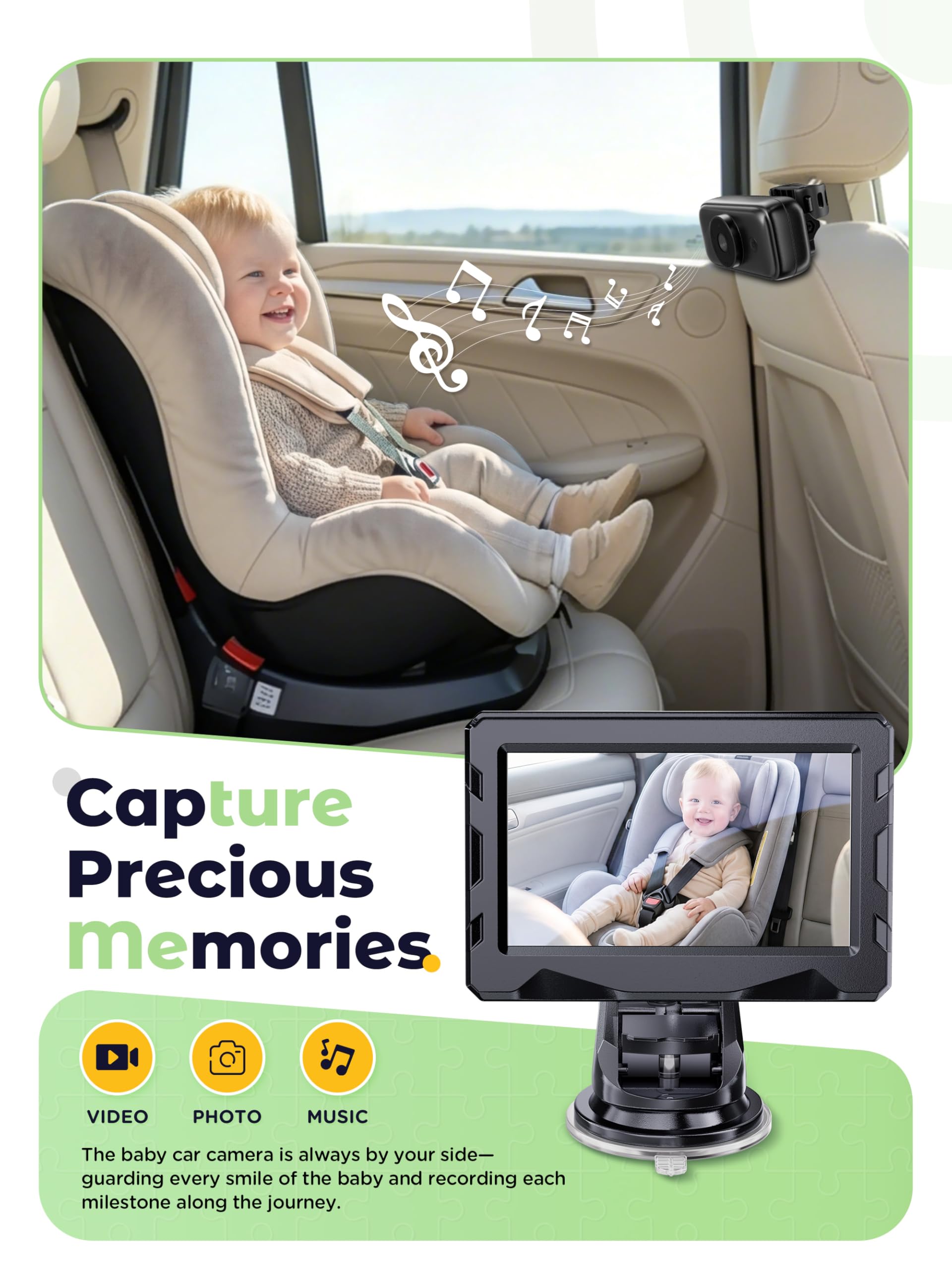 Cámara de bebé inalámbrica para coche HD 1080P, espejo de coche con visión nocturna, batería de 10000 mAh, pantalla HD de 4,3 pulgadas