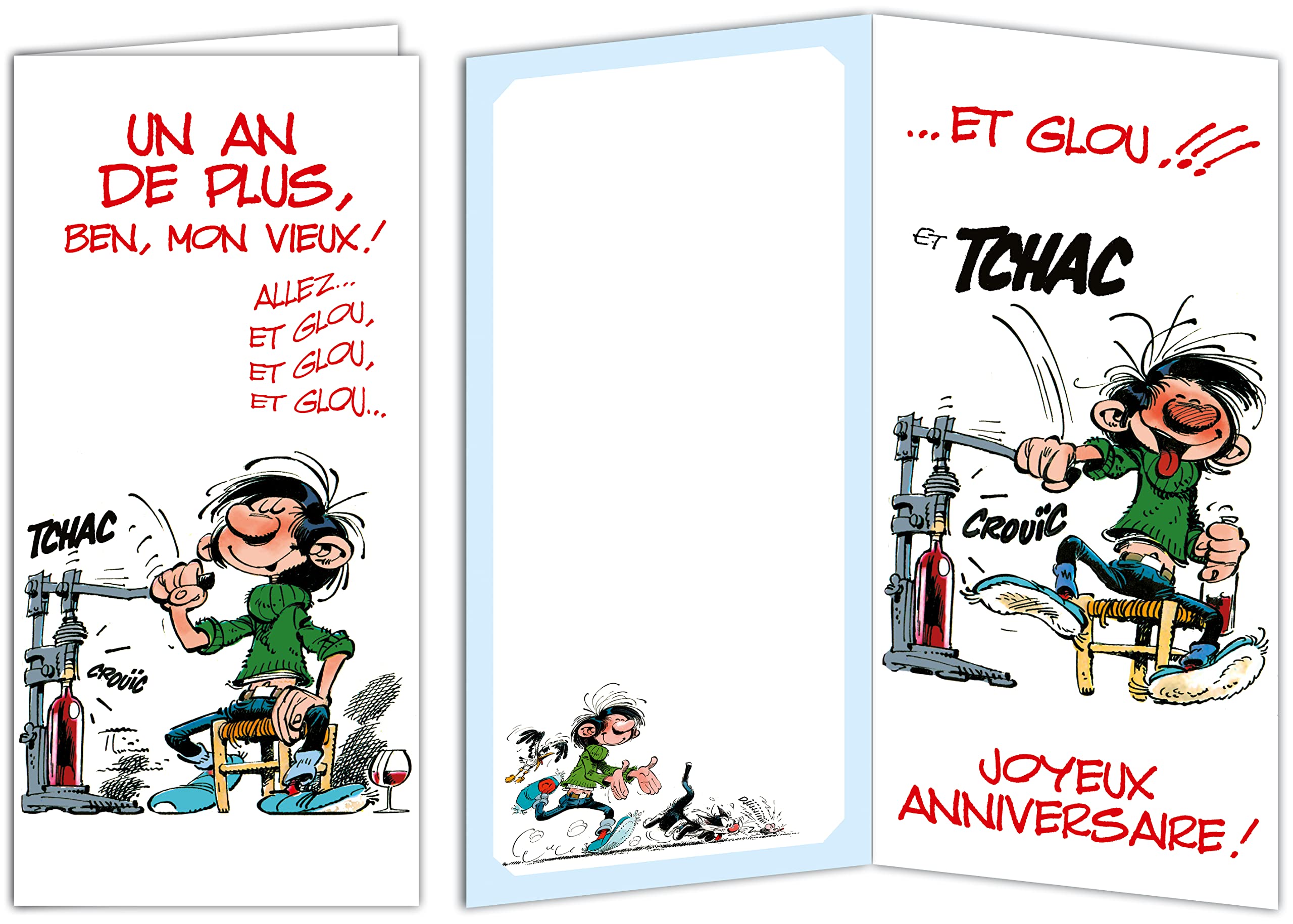 Afie GLMX-2037 Gaston Lagaffe Maxi Large Happy Birthday Card 1 Year More Humorous - Ideal for Group Gift for Men and Women - Closed Format 31.5 x 15 cm with Illustrated Envelope - Made in France